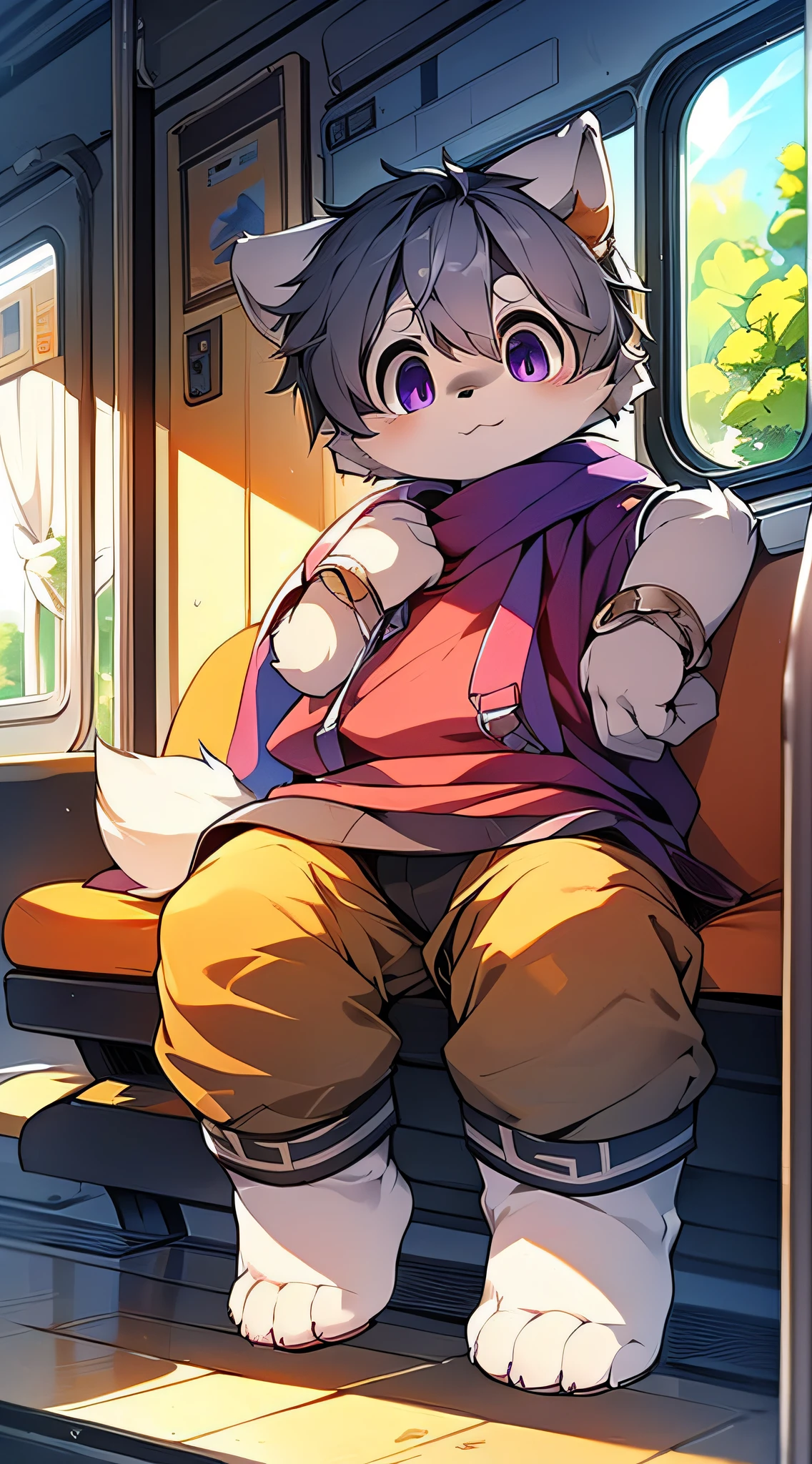 (masterpiece),character focus,detailed background,(full body:1.1),ultra cute face,dog boy,light grey fur,solo,set in metro carriages,dark grey hair,eyesgod,purple eyes,sunny,travel