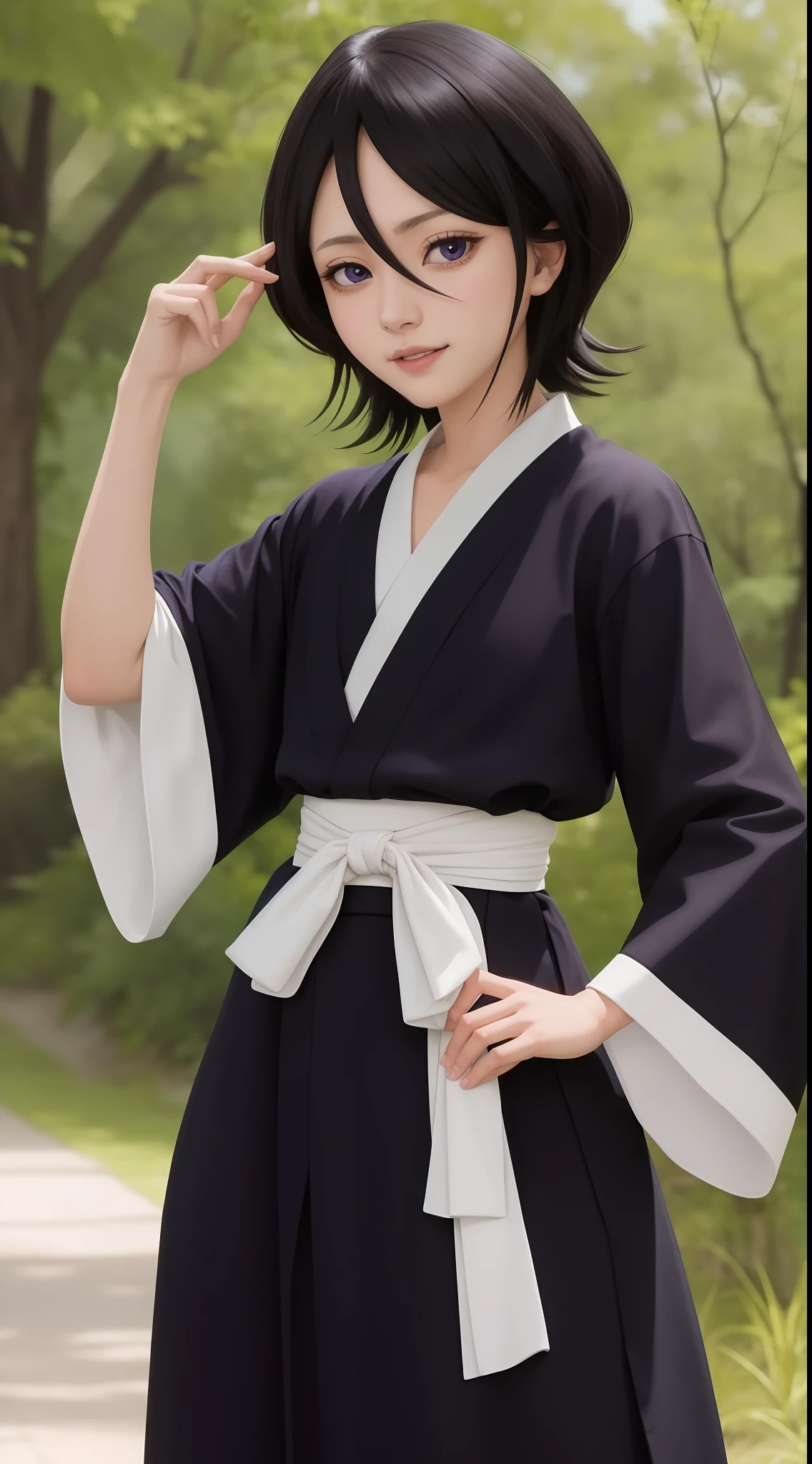 anime screencap, forest,path,
1girl, solo, hand on hip, short hair, black hair, purple eyes, japanese clothes, smile, looking at viewer, black kimono, hair between eyes, cowboy shot, wide sleeves, facing viewer, black hakama,white_sash,