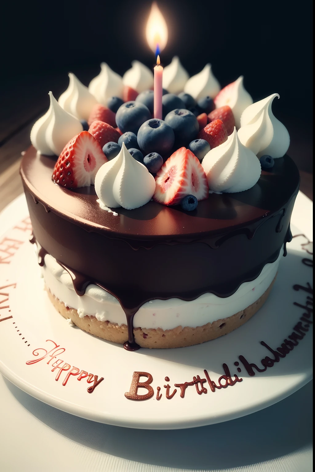 A small and delicate、Colorful birthday cake,Spread with cream、Chocolate and fruit,Light a birthday candle,4K reality,Dark tone