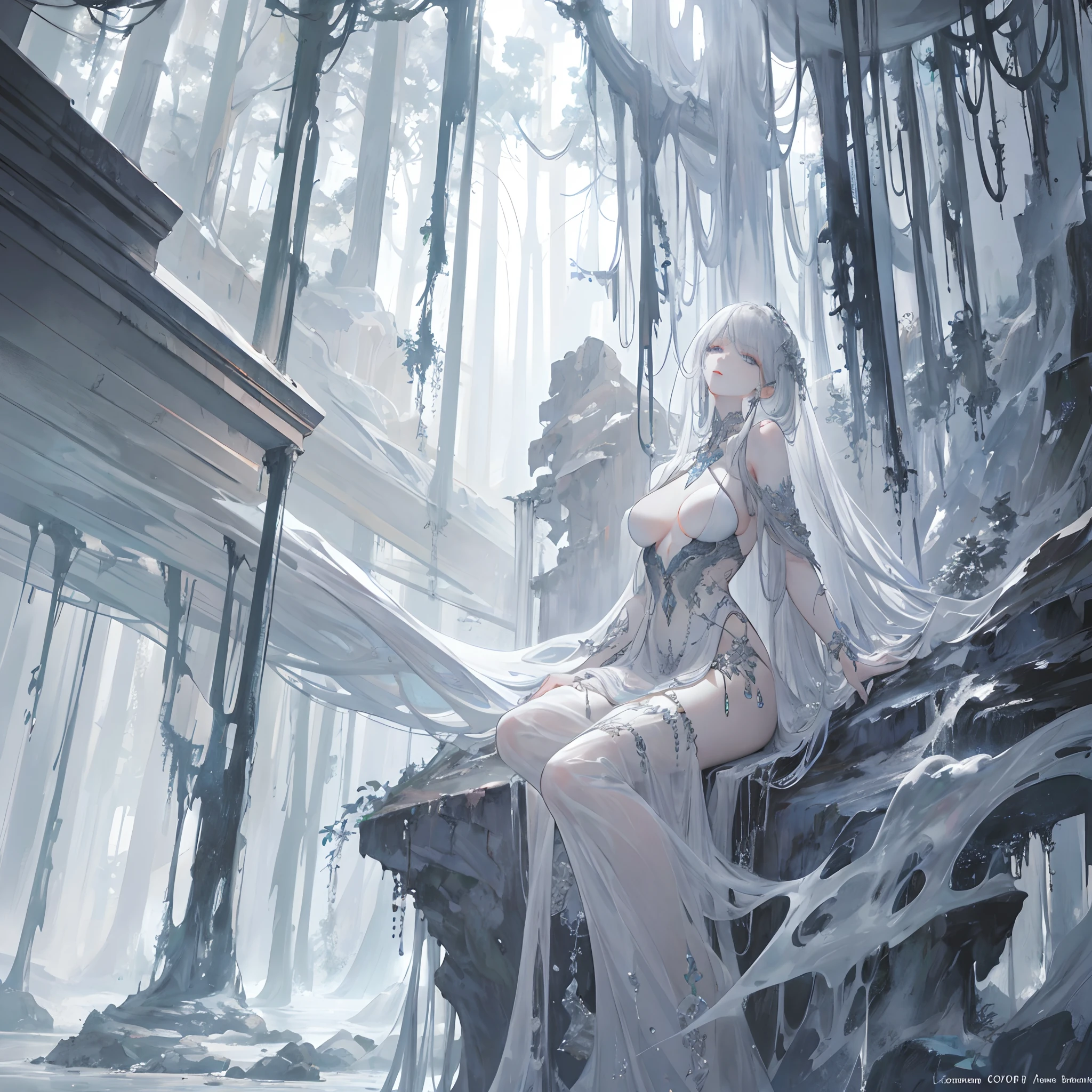 High definition RAW color art, sculptures, Train marble skin, High angle, krystal, (((Ultra detailed elegant))), Magical atmosphere, Upper body focus, Gray and white forest, waterfall