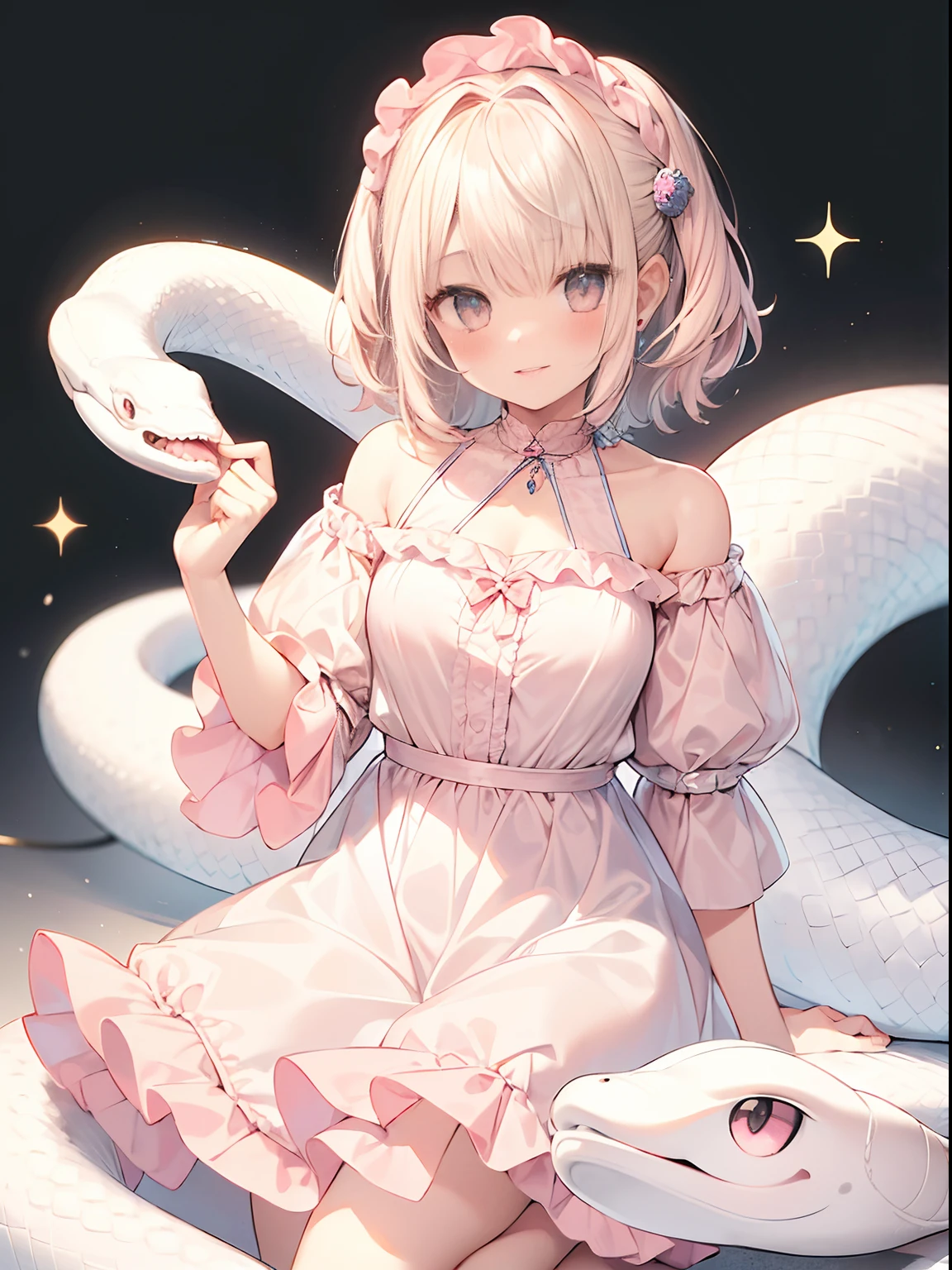 best quality, masterpiece, absurdres, highres, (1girl:1.6), (short shaggy perm hair:1.6), Fractal Art, BREAK (Light pink:1.5), kawaii, (happy smail:1.2), (Ruffled chiffon dresses:1.4), fancy, fancy, fancy, peaceful, best hand, BREAK (A white snake rests on his shoulder:1.4),