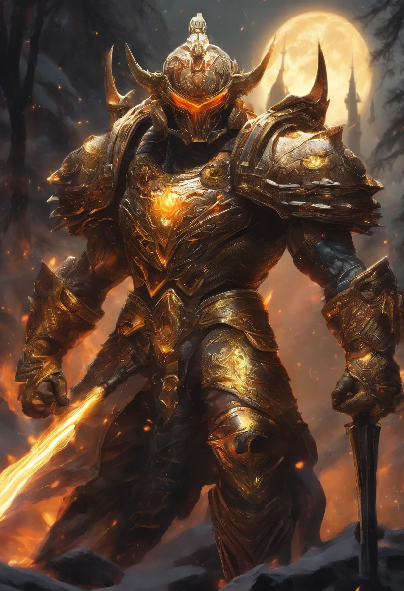 Un primer plano de un( hombre) (vikingo sosteniendo dos achas divinas) en la grieta del imvicador,( Arte de personajes de League of Legends),(Olaf),Full body of a Viking divine paladin warrior in ornate golden armor,barba densa y fondosa de color naranja y blanca, pauldrons, peto, halo brillante, peinado moikano, cabello naranja y blnaco, ojo amarillo brillante, parcheben( 1 ojo),pupila brillante, enfoque de ojo, capa de pelaje blanaca, grieta del imbocador,ruinas magicas, noche, luz de luna, particuls, haz de luz, chromatic abberation,barbaro,luchando,pelea,pose dinsmica,accion,alta calidad,muchos detalles,grito,exprecion fasial,(un acha en cada mano),(sin casco),(en combate),pelo suleto