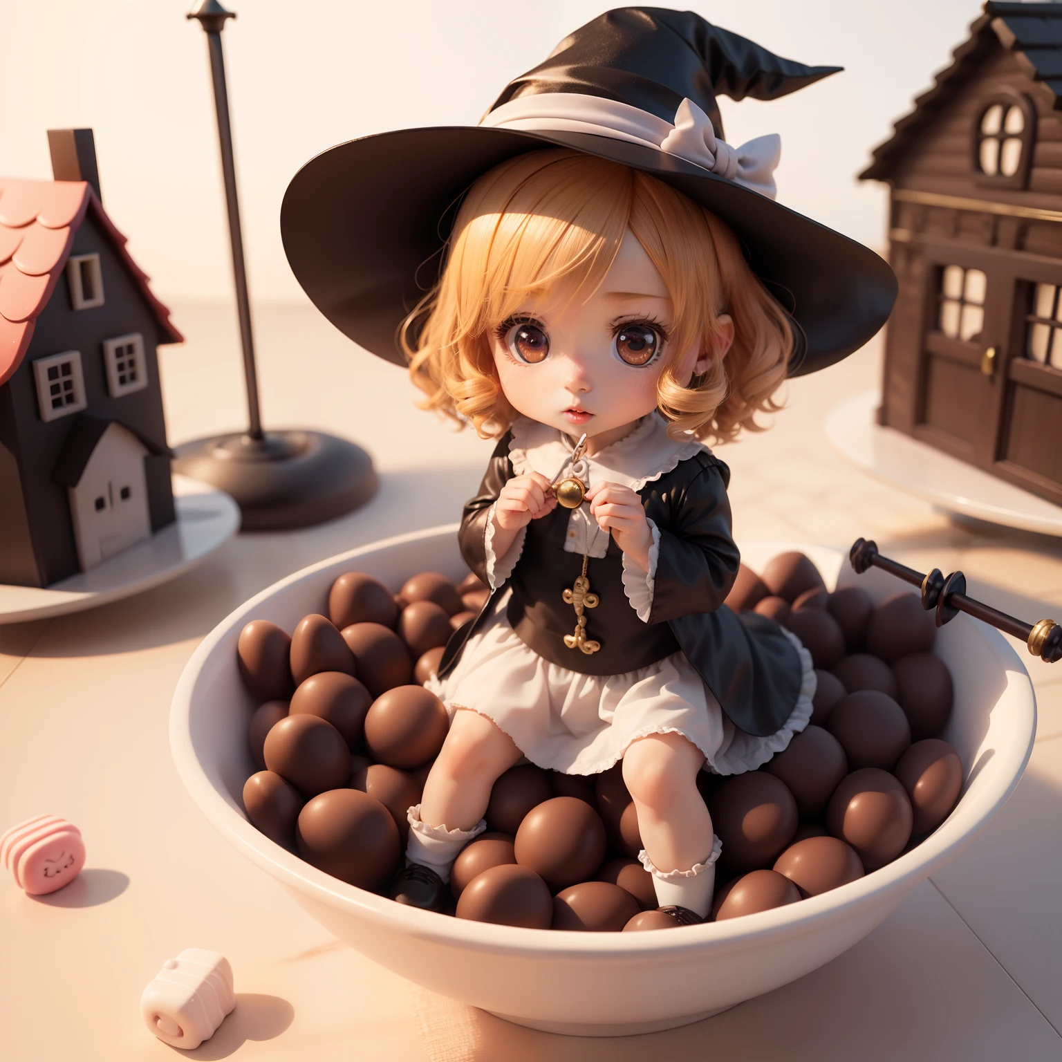 Cute Chibi Anime、(((chibi 3d))) (Best Quality) (masutepiece)、Chibi Witch's Grandmother、Bend at the waist and hold the cane、(Candy House) (House of candy material) (Hansel and Gretel) Chocolate.donut.Marble Chocolate