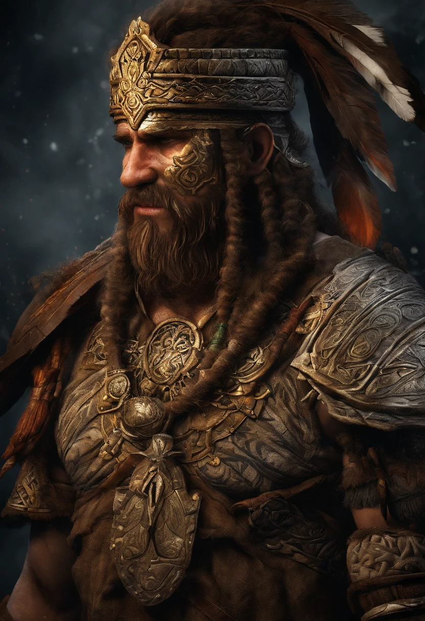 Un primer plano de un( hombre) (vikingo sosteniendo dos achas divinas) en la grieta del imvicador,( Arte de personajes de League of Legends),(Olaf),Full body of a Viking divine paladin warrior in ornate golden armor,barba densa y fondosa de color naranja y blanca, pauldrons, peto, halo brillante, peinado moikano, cabello naranja y blnaco, ojo amarillo brillante, parcheben( 1 ojo),pupila brillante, enfoque de ojo, capa de pelaje blanaca, grieta del imbocador,ruinas magicas, noche, luz de luna, particuls, haz de luz, chromatic abberation,barbaro,luchando,pelea,pose dinsmica,accion,alta calidad,muchos detalles,grito,exprecion fasial,(un acha en cada mano),(sin casco),(en combate)