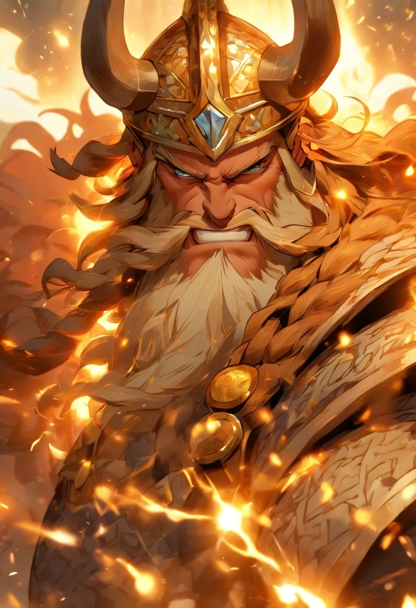 Un primer plano de un( hombre) (vikingo sosteniendo dos achas divinas) en la grieta del imvicador,( Arte de personajes de League of Legends),(Olaf),Full body of a Viking divine paladin warrior in ornate golden armor,barba densa y fondosa de color naranja y blanca, pauldrons, peto, halo brillante, peinado moikano, cabello naranja y blnaco, ojo amarillo brillante, parcheben( 1 ojo),pupila brillante, enfoque de ojo, capa de pelaje blanaca, grieta del imbocador,ruinas magicas, noche, luz de luna, particuls, haz de luz, chromatic abberation,barbaro,luchando,pelea,pose dinsmica,accion,alta calidad,muchos detalles,grito,exprecion fasial,(un acha en cada mano),(sin casco),(en combate)