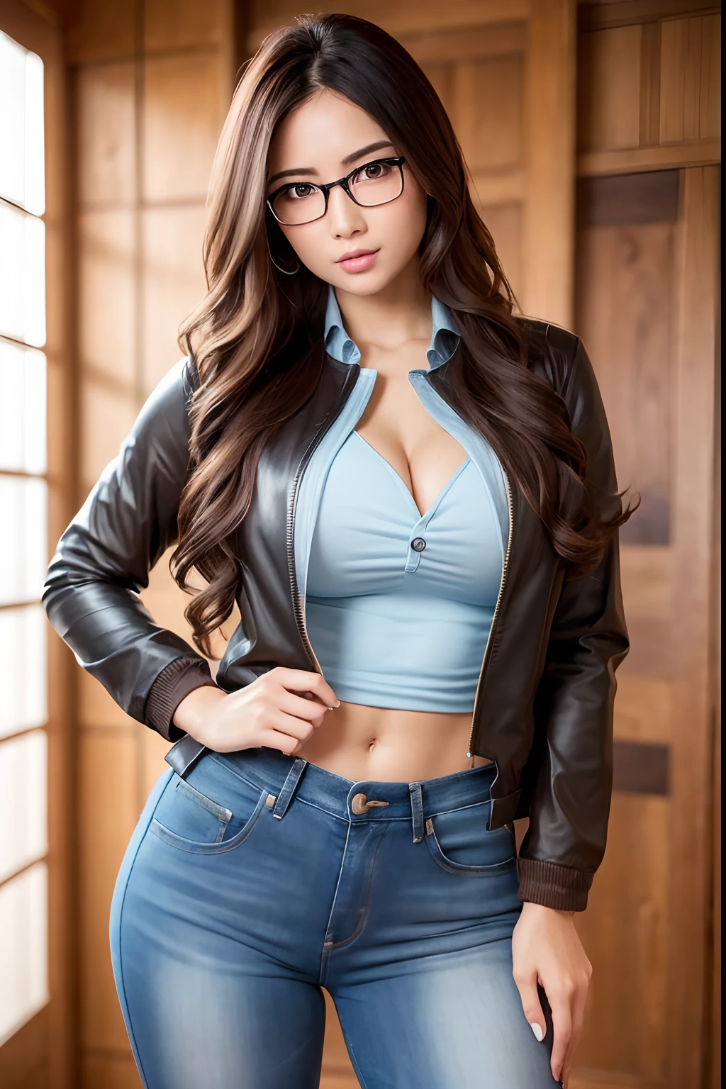 (Best Quality, 4K, masutepiece: 1.3), Beautuful Women、Hyper-realistic, 1girl in,25-years old、hyperdetailed face,Detailed lips, Detailed eyes,二重まぶた, (Beautiful detailed lips),Sexy face,Visible abs,Women of Alafe,(Raw photo:1.2), unified, Wallpaper, amazing, Fine details, Light on Face, Cinematic lighting, ((wearing a open jacket: 1.6.)), (underboob: 1.2),((gorgeous brown long hair,I wear glasses)),(( see through shirts, Denim pants))