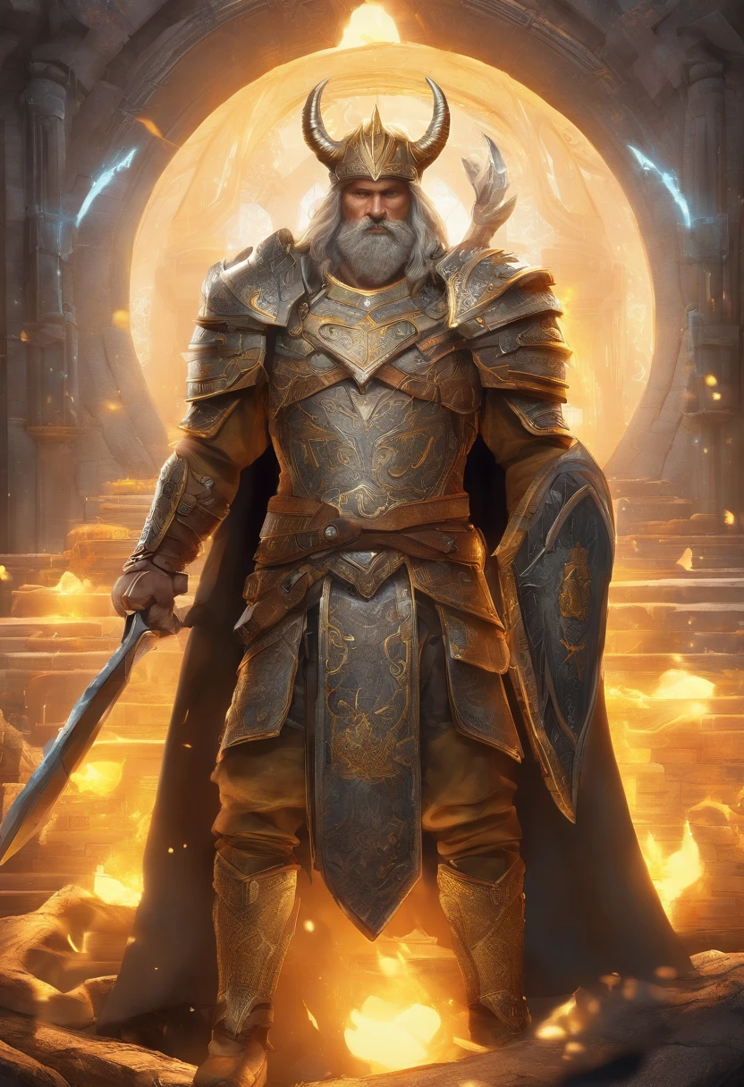Un primer plano de un( hombre) (vikingo sosteniendo dos achas divinas) en la grieta del imvicador,( Arte de personajes de League of Legends),(Olaf),Full body of a Viking divine paladin warrior in ornate golden armor,barba densa y fondosa de color naranja y blanca, pauldrons, peto, halo brillante, peinado moikano, cabello naranja y blnaco, ojo amarillo brillante, parcheben( 1 ojo),pupila brillante, enfoque de ojo, capa de pelaje blanaca, grieta del imbocador,ruinas magicas, noche, luz de luna, particuls, haz de luz, chromatic abberation,barbaro,luchando,pelea,pose dinsmica,accion,alta calidad,muchos detalles,grito,exprecion fasial,(un acha en cada mano),(sin casco),(en combate)