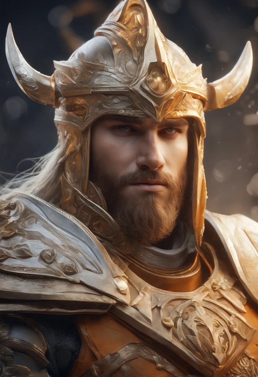 Un primer plano de un( hombre) (vikingo sosteniendo dos achas divinas) en la grieta del imvicador,( Arte de personajes de League of Legends),(Olaf),Full body of a Viking divine paladin warrior in ornate golden armor,barba densa y fondosa de color naranja y blanca, pauldrons, peto, halo brillante, peinado moikano, cabello naranja y blnaco, ojo amarillo brillante, parcheben( 1 ojo),pupila brillante, enfoque de ojo, capa de pelaje blanaca, grieta del imbocador,ruinas magicas, noche, luz de luna, particuls, haz de luz, chromatic abberation,barbaro,luchando,pelea,pose dinsmica,accion,alta calidad,muchos detalles,grito,exprecion fasial,(un acha en cada mano),(sin casco),(en combate)