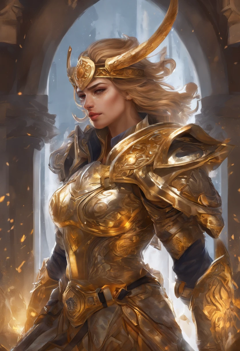 Un primer plano de un( hombre) (vikingo sosteniendo dos achas divinas) en la grieta del imvicador,( Arte de personajes de League of Legends),(Olaf),Full body of a Viking divine paladin warrior in ornate golden armor,barba densa y fondosa de color naranja y blanca, pauldrons, peto, halo brillante, peinado moikano, cabello naranja y blnaco, ojo amarillo brillante, parcheben( 1 ojo),pupila brillante, enfoque de ojo, capa de pelaje blanaca, grieta del imbocador,ruinas magicas, noche, luz de luna, particuls, haz de luz, chromatic abberation,barbaro,luchando,pelea,pose dinsmica,accion,alta calidad,muchos detalles,grito,exprecion fasial,(un acha en cada mano),(sin casco),(en combate)