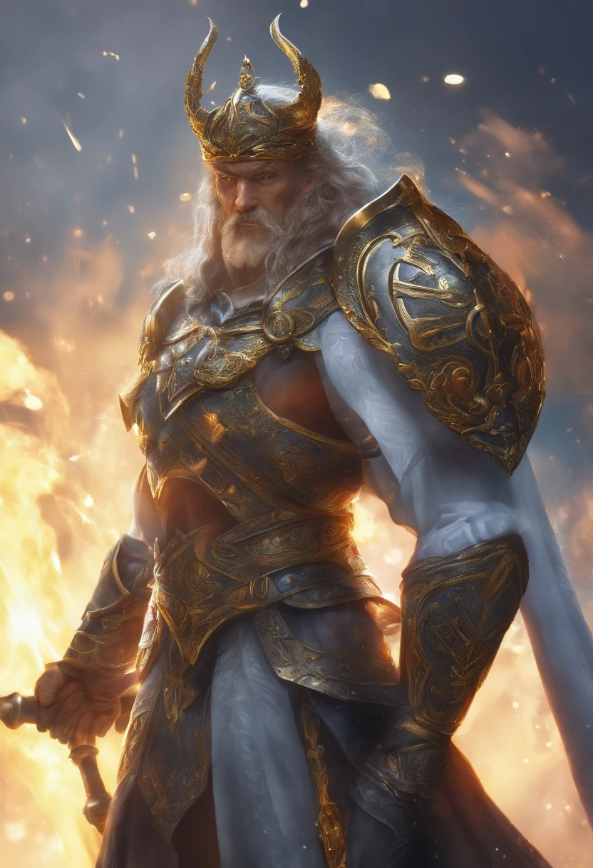 Un primer plano de un( hombre) (vikingo sosteniendo dos achas divinas) en la grieta del imvicador,( Arte de personajes de League of Legends),(Olaf),Full body of a Viking divine paladin warrior in ornate golden armor,barba densa y fondosa de color naranja y blanca, pauldrons, peto, halo brillante, peinado moikano, cabello naranja y blnaco, ojo amarillo brillante, parcheben( 1 ojo),pupila brillante, enfoque de ojo, capa de pelaje blanaca, grieta del imbocador,ruinas magicas, noche, luz de luna, particuls, haz de luz, chromatic abberation,barbaro,luchando,pelea,pose dinsmica,accion,alta calidad,muchos detalles,grito,exprecion fasial,(un acha en cada mano),(sin casco),(en combate),pelo suleto