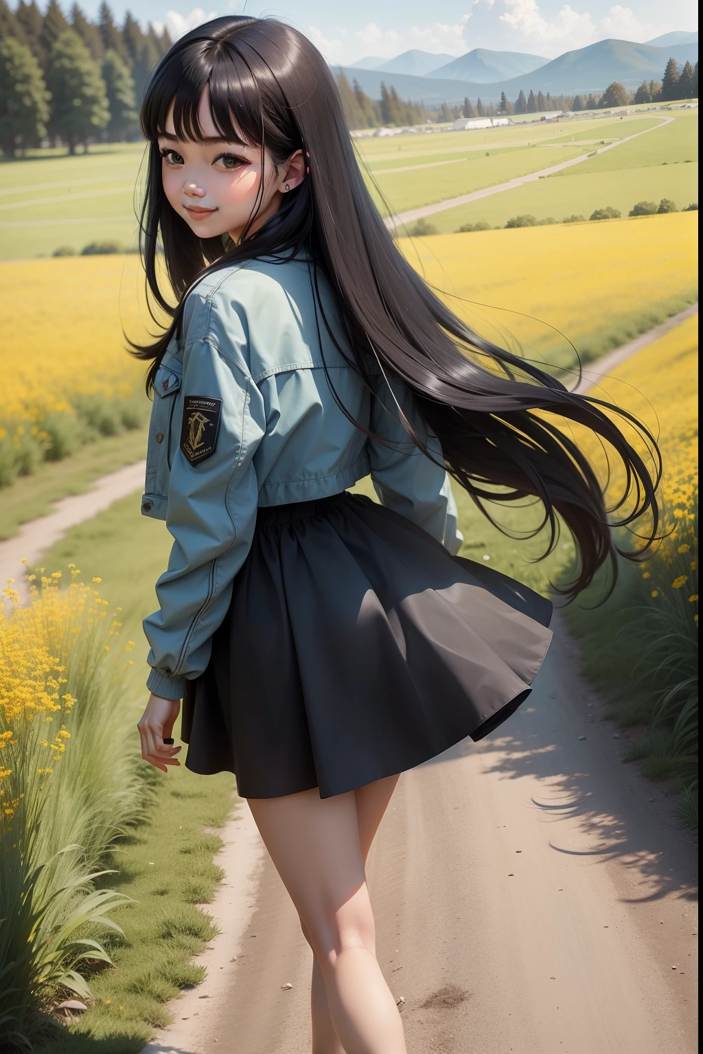 masterpiece, best quality, in a meadow, back, girl, solo, female, long hair, black hair, straight hair, bangs, light smile, black eyes, jacket, summer_dress, shoes , looking back, walking, day,