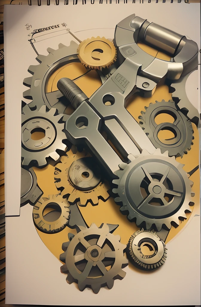 there is a drawing of a wrench and gears on a table, cogs and gears, cogs, ((gears)), mechanical - parts, cogs:1000, intricate gears details, cogs and wheels, mechanical parts, steampunk gears, with gears and tubes, detailed mechanical parts, machineparts, gears, mechanical gear