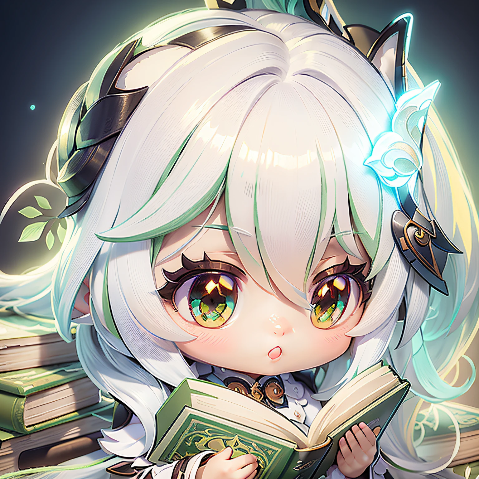 anime girl with white hair and green eyes reading a book, character art of maple story, shadowverse style, crisp clear rpg portrait, maplestory mouse, maplestory, chibi monster girl, rpg book portrait, elf girl, infinite celestial library, portrait of a forest mage, the dragon girl portrait, holding a pudica pose, splash art anime loli
