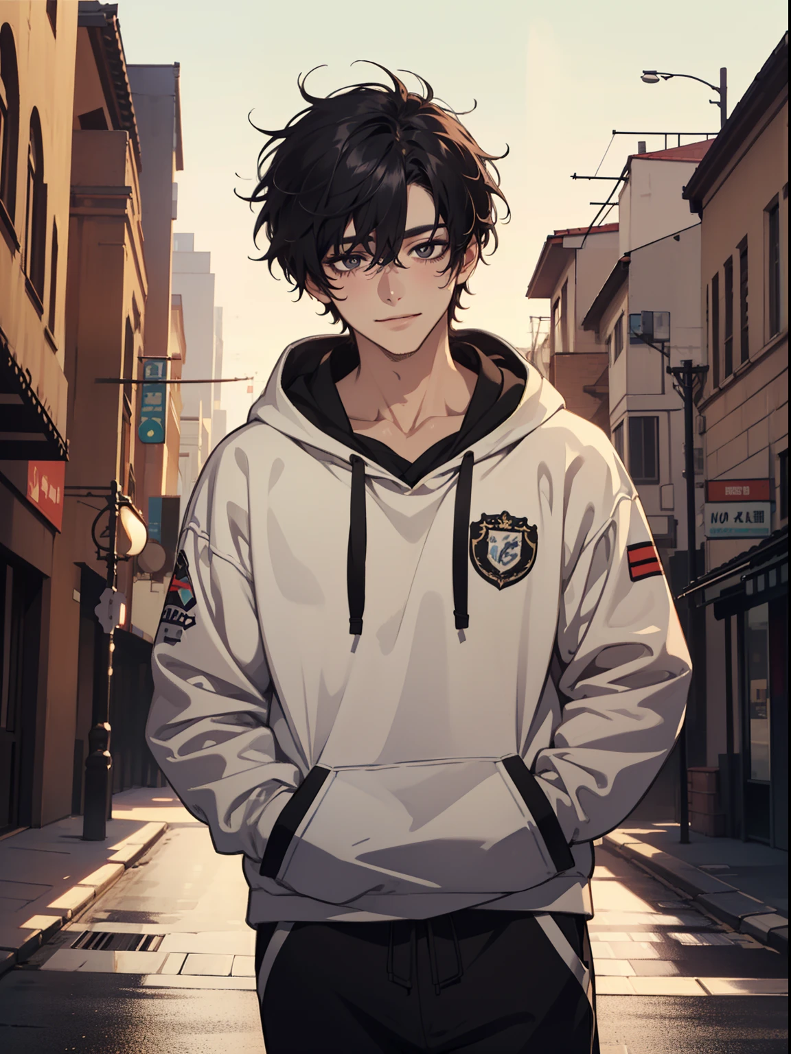 ((highest quality, masterpiece, 4k, finely detailed, detailed eyes, detailed face, gelbooru, pixiv)), warm lighting, ((solo)), 1 male, handsome, masculine, adult male, broad shoulders, closeup of face, ((black chin hair)), portrait, slight blush on cheeks, smiling, looking at viewer, ((lazy eyes, half-lidded, eyebags under eyes, black eyes with white pupils)), wearing modern clothing, hoodie with a logo, sweatpants, standing, hands in pockets, ((black hair, medium length hair, shaggy hairstyle, messy hair)), city background