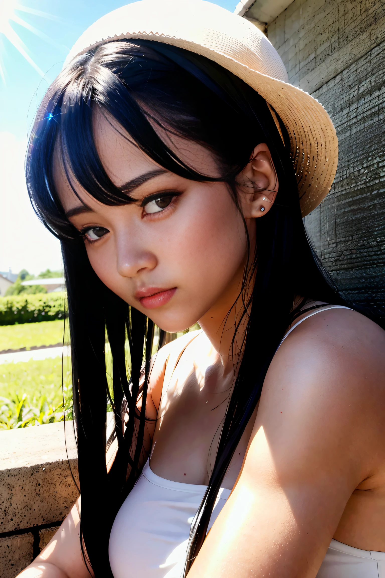 best quality, masterpiece, girl, black hair, black eyes, house, sun shining, shiny skin, sun flare
