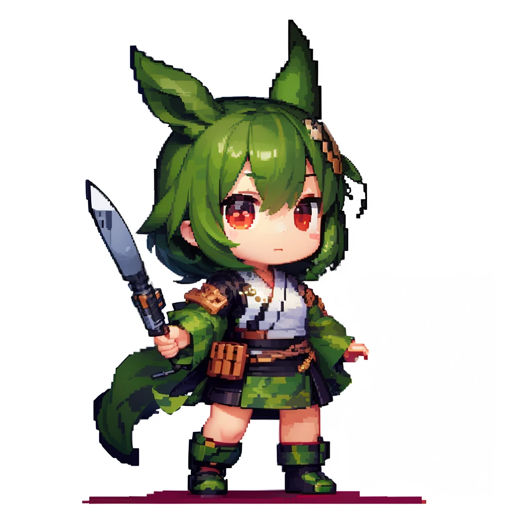 (Solo,Full body,Standing,Pixel art,Chibi,barrier,Japanese style costume,camo),1 girl,(White background:1.4),( Clear lines, High Sharpness,Best Quality, Very detailed, masutepiece, Anime )
