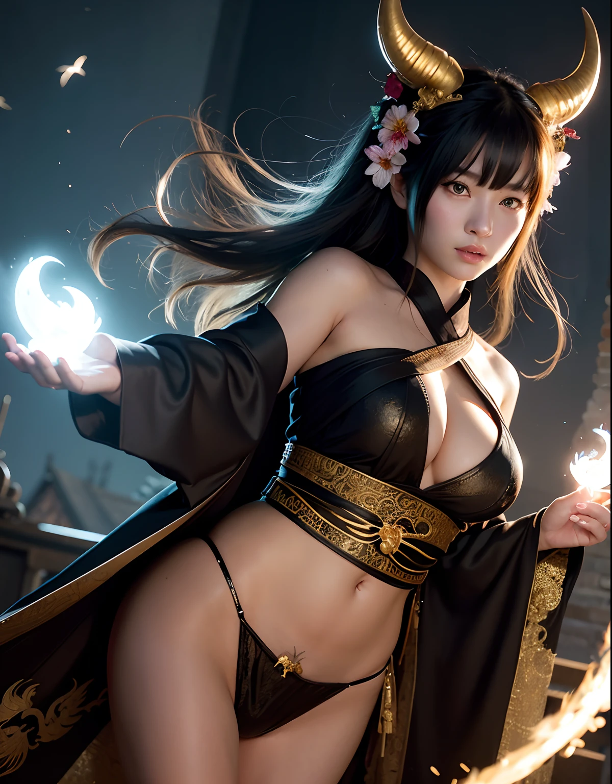 ((World of Darkness)),Professional , masterpiece、top-quality、photos realistic , depth of fields 、Dark Fantasy、(a beauty girl)、(shooting stars:0.9)、(nebulas:1.3)、A dark-haired、(White bikini armor)、(Mystical expression)、(The fox has five tails)((Fight dragons)),(Wear a beautiful kimono),(Wear a beautiful kimono with colorful floral patterns)、Jewel Gold Weapon、Particles of light),(Has a devil's mask)、Gorgeous gold weapons ,(( Gorgeous Dragon Sword)) , (Fox Mask),,(maikurobikini) 、((Black Haired Beautiful Girl))、(Castle background)、(demonic wings)、((Gangle's forest background))、Beautiful Caucasian beauty、1a person、dynamic ungle,(((Two devil's horns on the head)))、Smaller head、Idle Smile、Thin and beautiful female hands、Mystical expression、Light Effects、intense fighting、Wind-effect、magic circles、With the legendary magic wand、Dragon's tail、