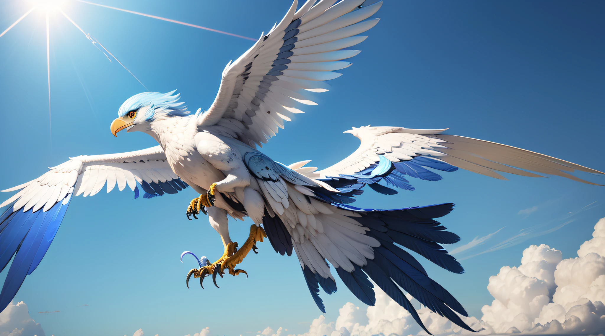 2. Aérodylle
Description :
The Aerodylle is an aerial creature that looks like a cross between an eagle and a miniature dragon. Its plumage is azure blue with silvery reflections, and its wings twinkle like stars in the sunlight. Its talons are sharp and able to grasp its prey in an instant.
Pouvoirs :
The Aerodylle is a master of the sky, able to fly at impressive altitudes and dive dive at incredible speed to catch prey. It can also control air currents to hover. --auto