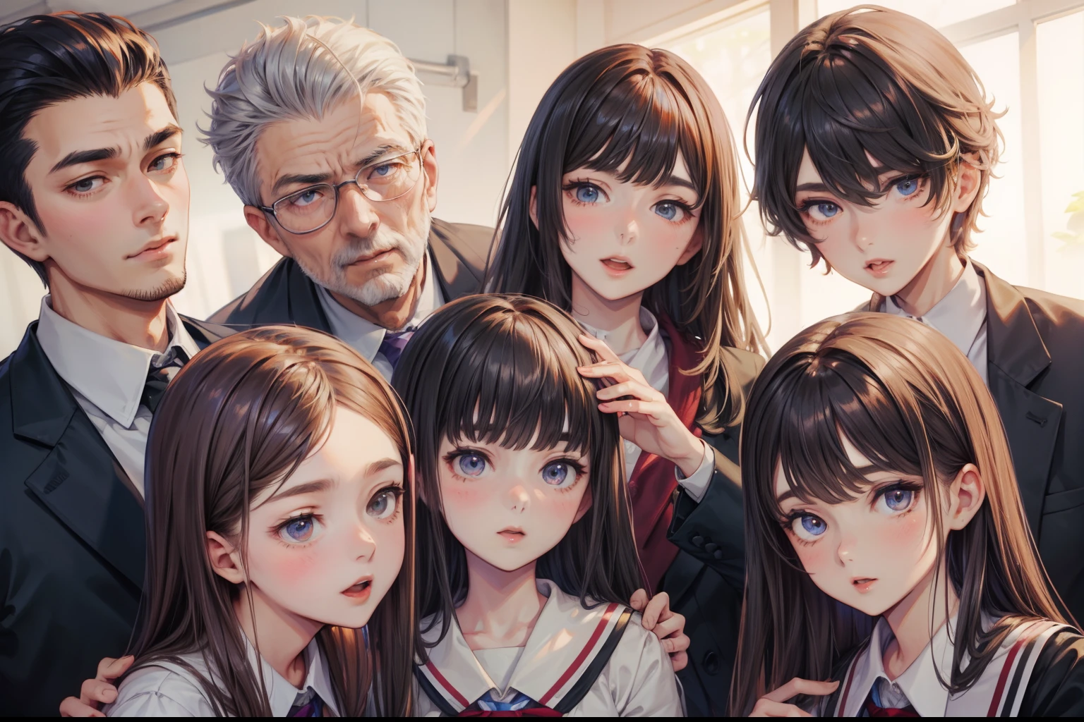 high school elder teacher and his young students, detailed faces