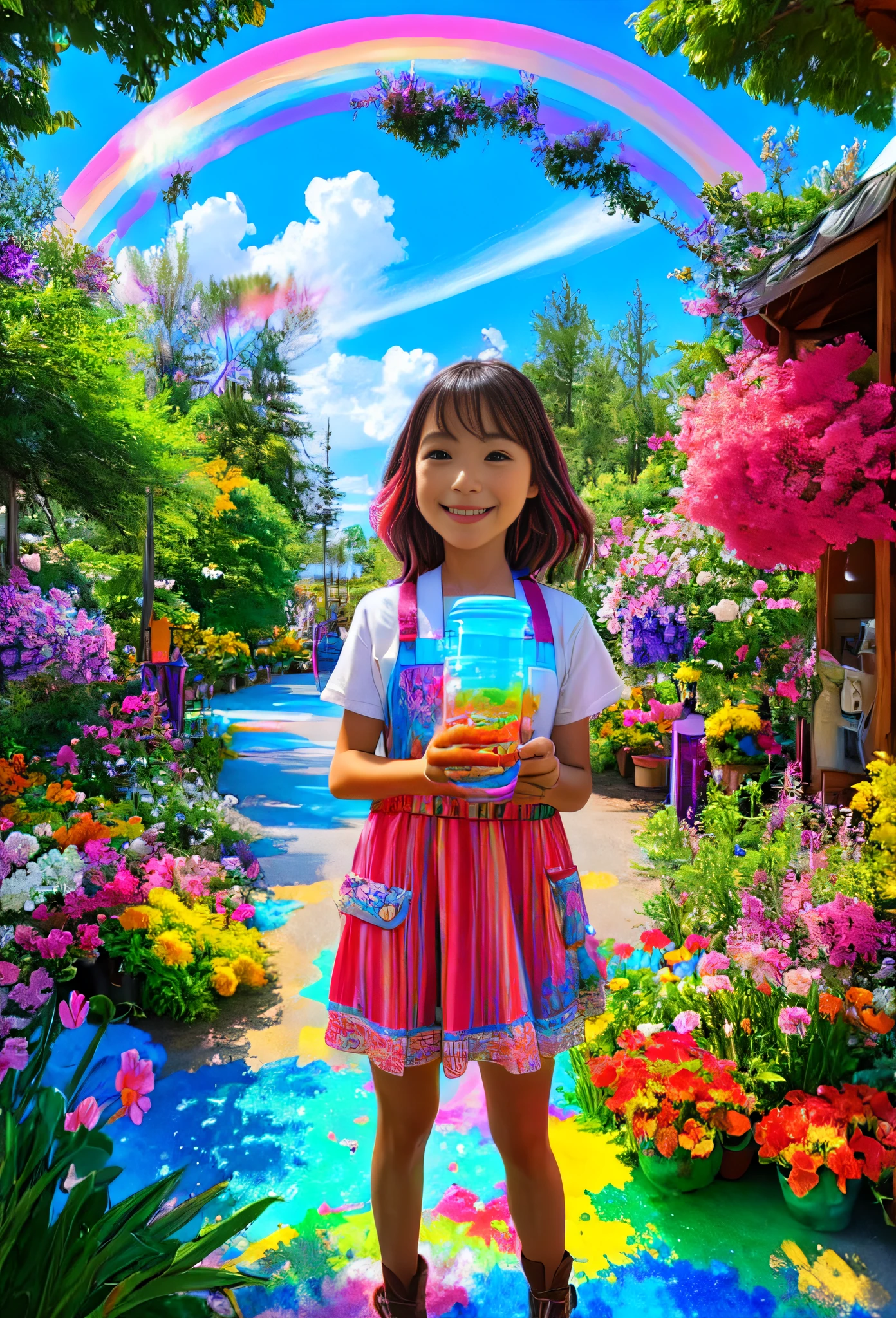 A girl standing with a beaming smile on her face, holding the jar of magic paint in her hands. It is surrounded by a magical and colorful environment, with colorful flowers, vibrant trees and a sky full of rainbows. 4k resolution,realistic photo,