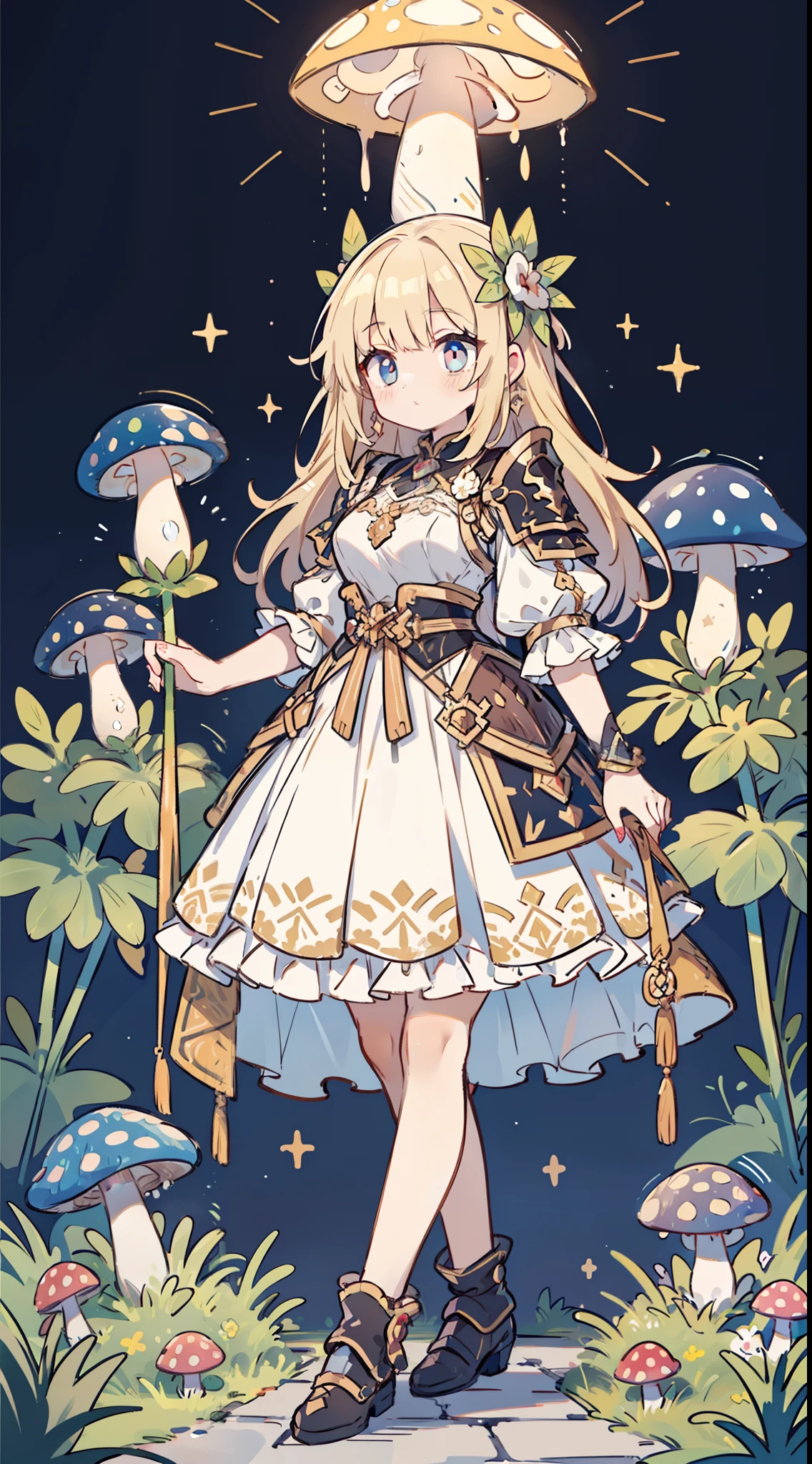 A fantastic mushroom colony with a pale glow and a woman in traveling clothes equipped with leather armor walking through the mushroom colony. Beautiful face and brightly colored shining eyes. She wears intricate and delicate ornaments and traveling clothes suitable for outdoor activities. Mushrooms of various sizes glow faintly, illuminating the road at night. Detailed drawings. Vivid colors. High image quality.