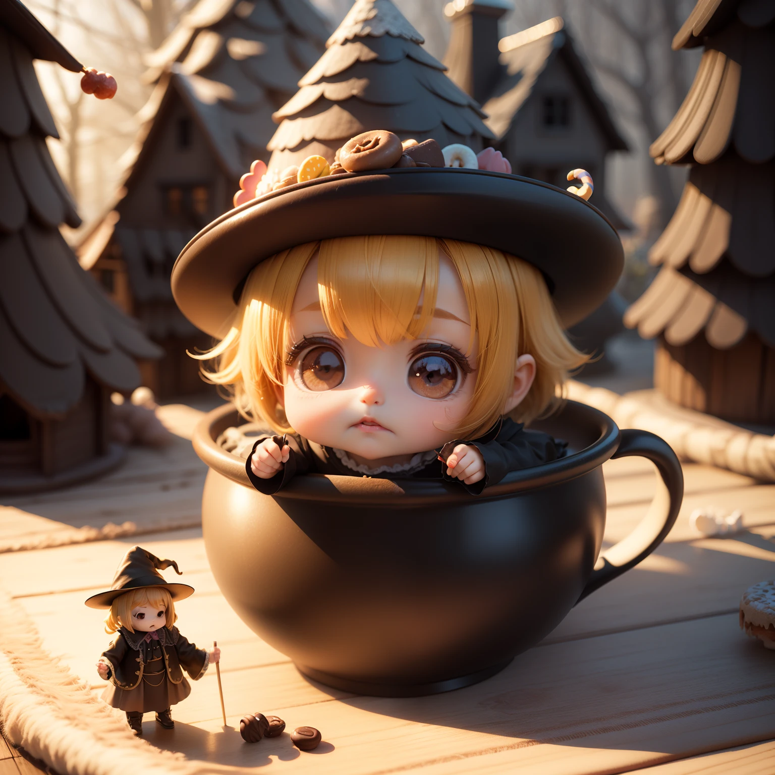 Cute Baby Chibi Anime、(((Chibi 3D))) (Best Quality) (masutepiece)、Little Old Woman Witch、Bend at the waist and hold the cane、(Candy House) (House of candy material) (Hansel and Gretel) Chocolate.donut.Marble Chocolate、The background is in a fairytale forest、