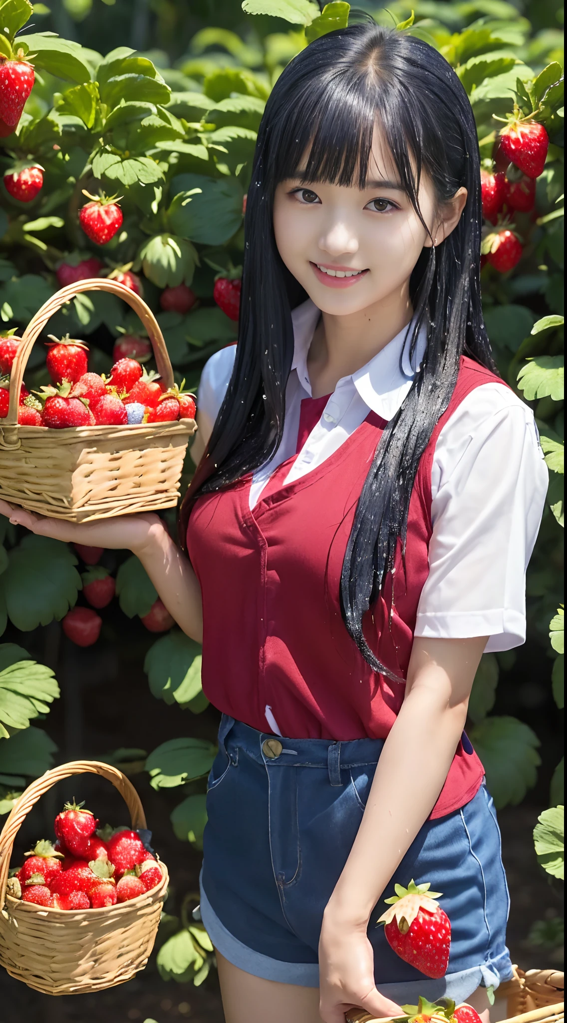 best quality, ultra high res, (1 girl:1.4), solo,(upper body:1.2), (photorealistic:1.4), (pretty girl:1.2),big breasts,balck long hair, parted bangs,air bangs, red lips,light_smile,(shot hair), wet, messy_blue hair, stick out,(school uniform:1.4),white shirt with blue collar, blue shorts,(looking at viewer:1.4),(a basket on her forearm:1.4),(picking strawberries:1.4), (strawberry farm:1.4), (rows of plants:1.4), (red berries:1.4), green leaves, sunshine, (baskets:1.2), picking,(pureerosface_v1:0.5)