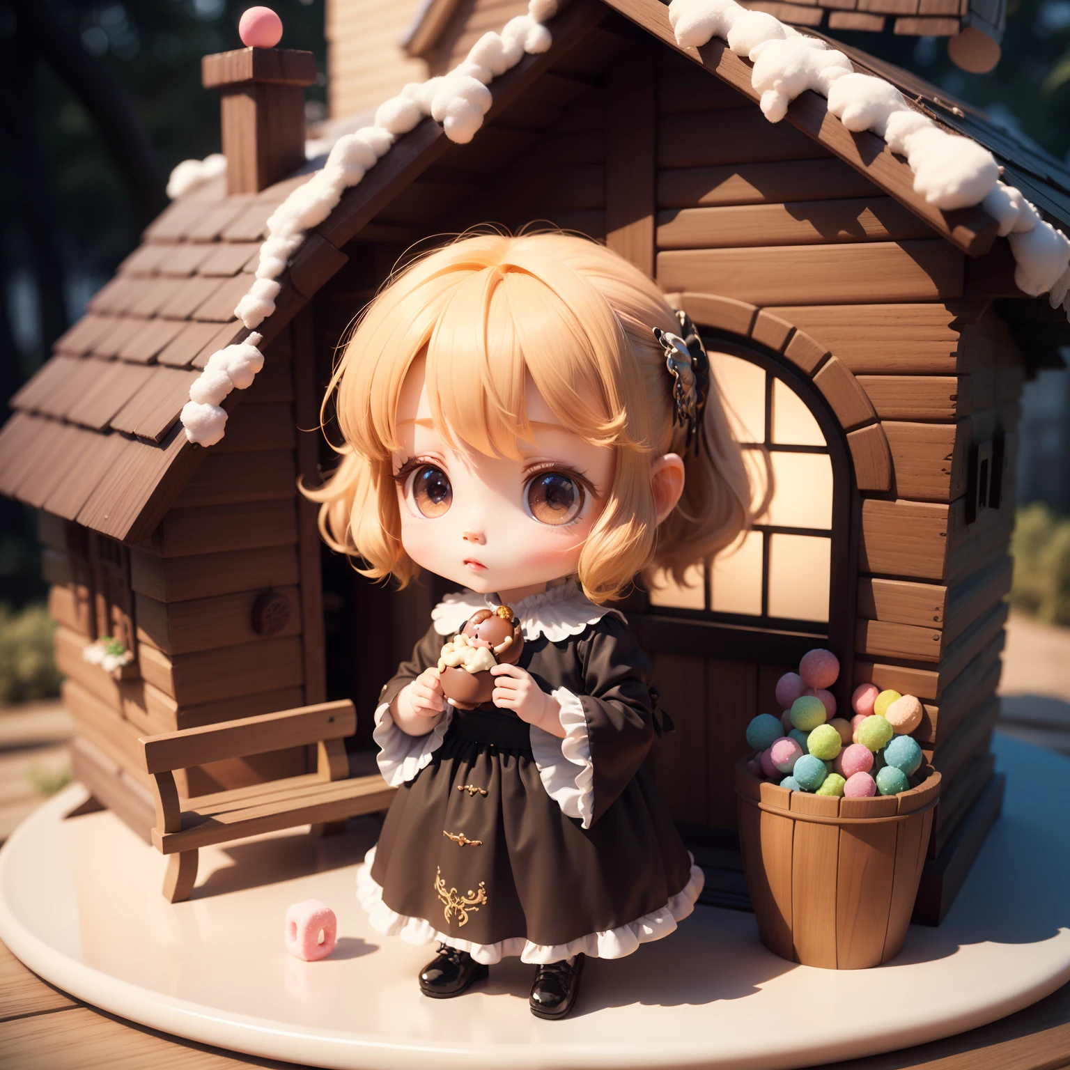 Cute Chibi Anime、(((Chibi 3D))) (Best Quality) (masutepiece)、Litt Woman Witch、Bend at the waist and hold the cane、(Candy House) (House of candy material) (Hansel and Gretel) Chocolate.donut.Marble Chocolate、The background is in a fairytale forest、