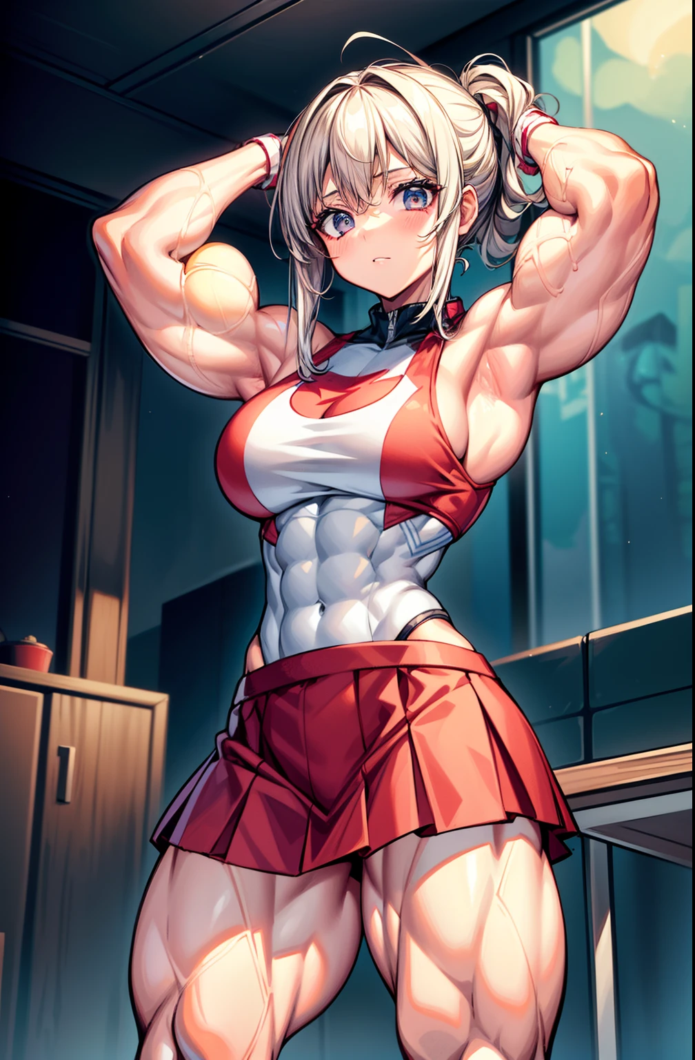 (BEST lighting) , (ultra intricately detailed) , 4K unification, (super-detailed CG: 1.2) , (8K: 1.2),(Original), (Masterpiece) , (Best quality),(Masterpiece:1.4),Anime-ish high quality,(Masterpiece),Masterpiece, Super clear picture quality，Clearer than movies，（Fine face）Best quality, absurderes,((masterpeace, 4K, 8K, Yes, A high resolution))1girll, schoolgirls，having fun，cheering party，Short skirt，Ten strong abs，standing on your feet,Exposing the abdomen， Pink costume,There are bulges of dense veins on the arms，Spring, Boots, Perfect figure, Long white hair, Dynamic pose,Legs exposed，Strong leg muscles ((body builder:1.5)),running track(Beautiful bace),(Girl),(Female),(((Upper body:1)))