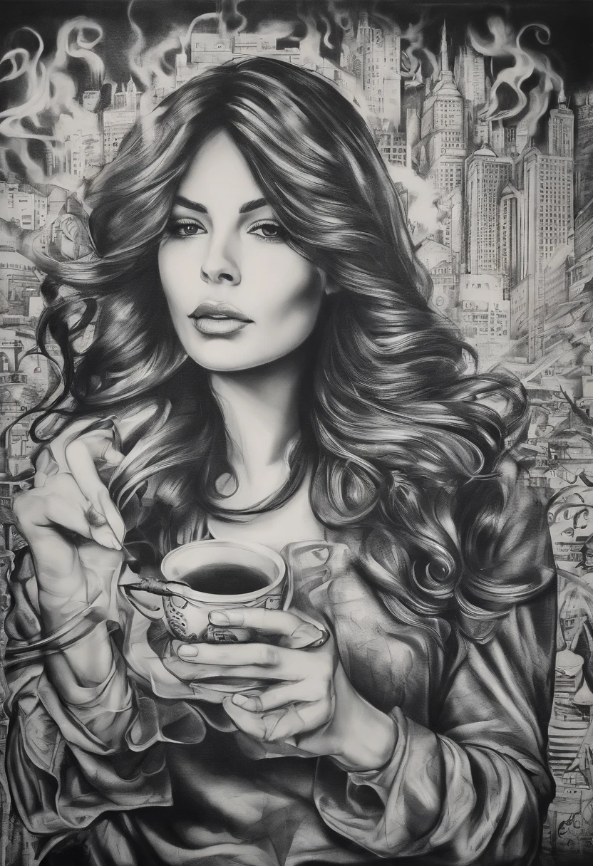 a drawing of a woman holding a glass with smoke coming out of it, Detailed drawing of charcoal, monochromatic airbrush painting, charcoal art, ✏️🎨, pintura de realismo detalhado, charcoal painting, desenho de realismo, drinking tea, detailed pencil drawing, artistic drawing, intricate charcoal illustration, pencil draw, airbrush on canvas, Directed by: Tony Sart, charcoal drawing, a charcoal drawing
