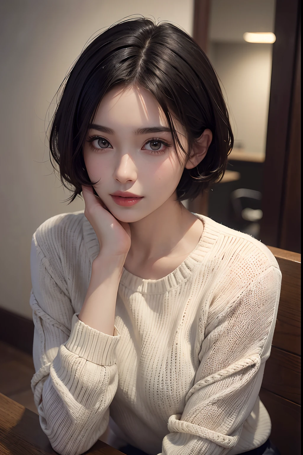 (Masterpiece: 1.3), (8k, Photorealistic, RAW Photo, Best Quality: 1.4), (1girl), Beautiful Face, (Realistic Face), (Black Hair, Short Hair: 1.3), Beautiful Hairstyle, Realistic Eyes, Beautiful Detail Eyes, (Realistic Skin), Beautiful Skin, (Sweater), Absurd, Attractive, Ultra High Definition, Ultra Realistic, High Definition, Golden Ratio, Full Body