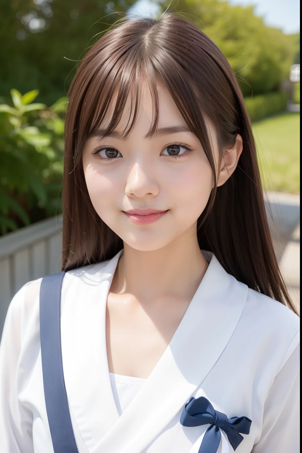 （Face front、Body front、a smile、The upper part of the body、japanes、Small eyes、cute smile face、a sailor suit）、超A high resolution、A detailed face、女の子 1 人、adultlike face、top-quality、diffuse lighting、Long、Brown hair、bustup、natural soft light、Soft sunlight、Bright photo、portlate