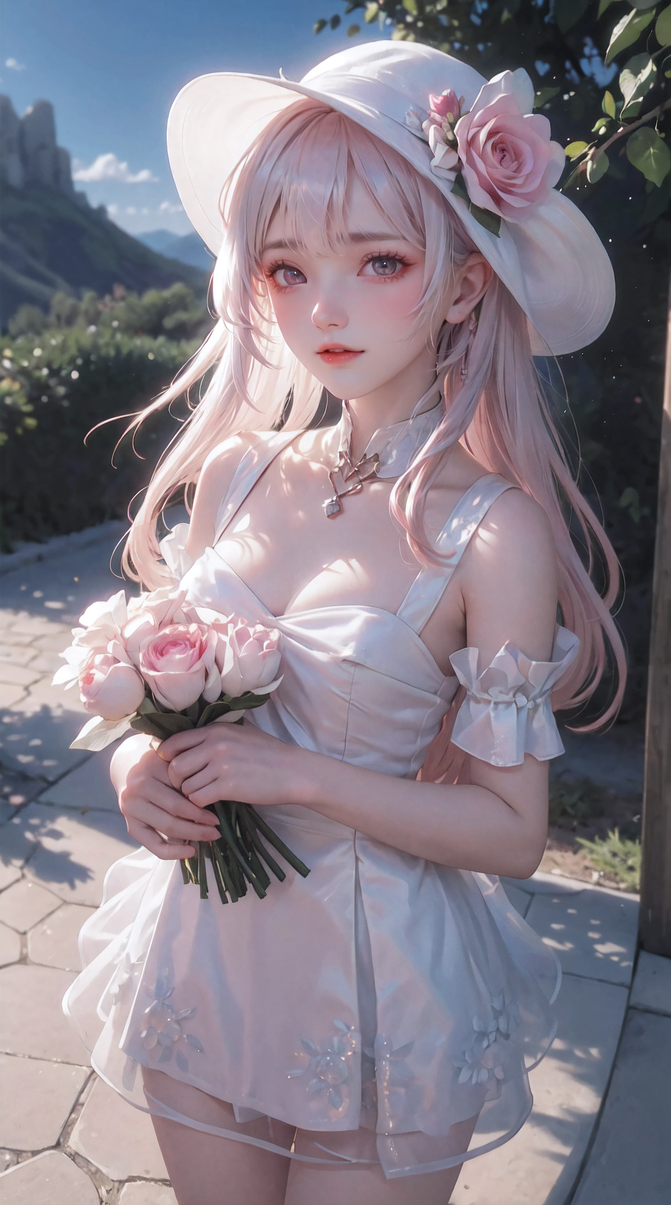 (8k, RAW photo, best quality, masterpiece:1.2),((masterpiece, best quality)), 1girl, flower, solo, dress, holding, sky, cloud, hat, outdoors, bangs, bouquet, rose, expressionless, blush, pink hair, flower field, red flower, pink eyes, white dress, looking at viewer, midium hair, holding flower, small breasts, red rose, holding bouquet, sun hat, white headwear, depth of field