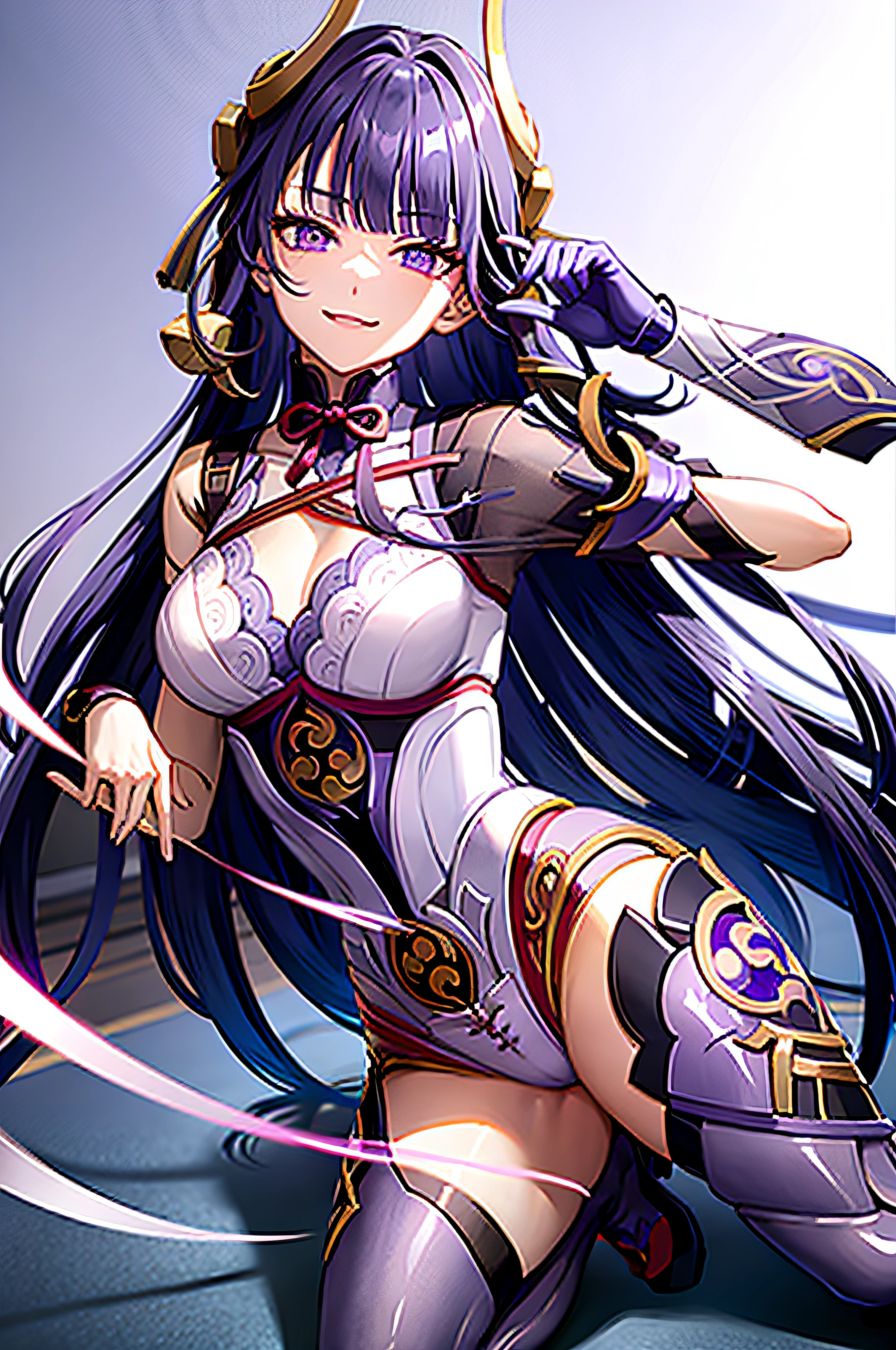 Genshin Impact, Shogun Raiden, purple hair, violet eyes, Smiling, in stockings, kneeling, sexy lingerie