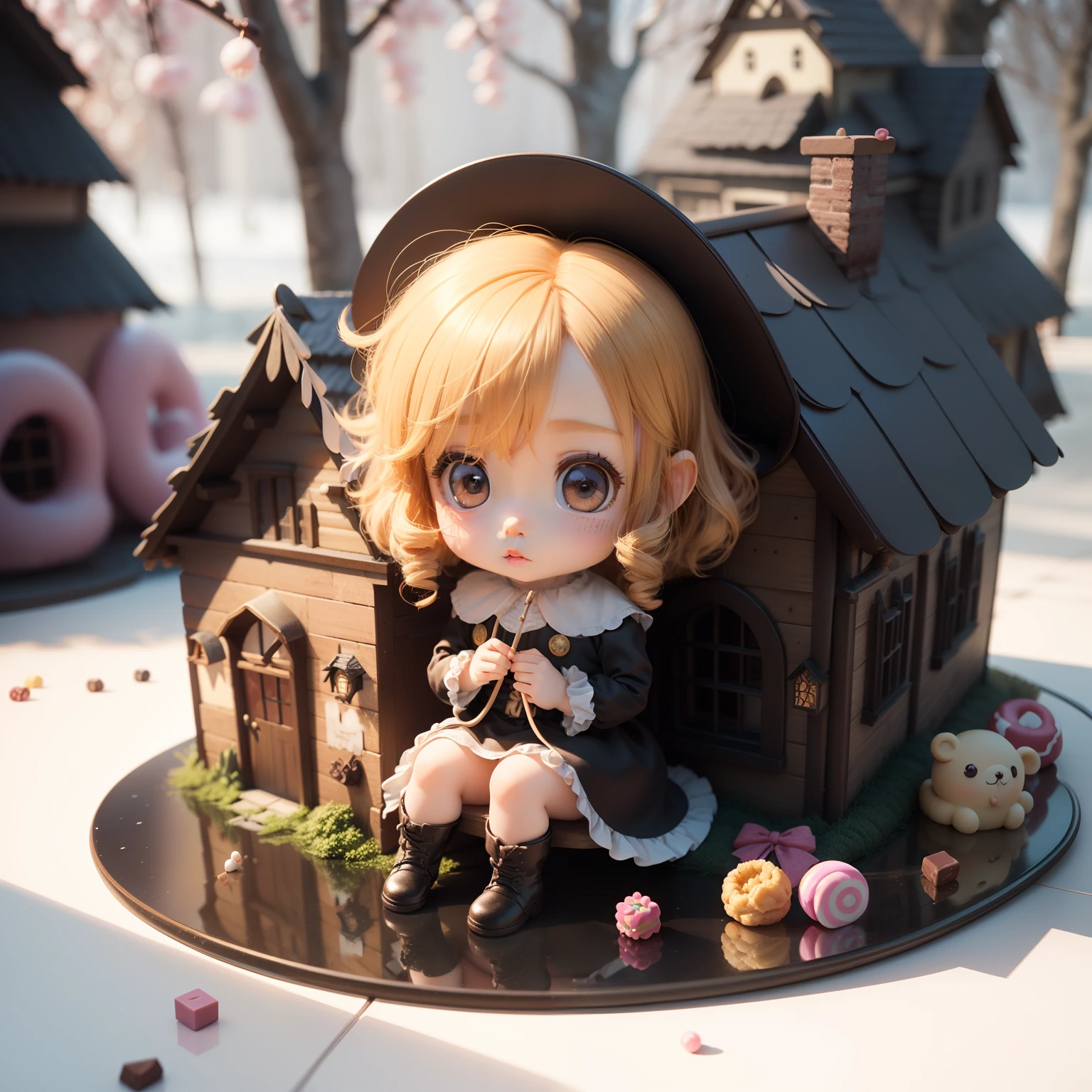 Cute Baby Chibi Anime、(((chibi 3d))) (Best Quality) (masutepiece)、Chibi Witch's Grandmother、Bend at the waist and hold the cane、//(Candy House) (House of candy material) (Hansel and Gretel) Chocolate.donut.Marble Chocolate、Colorful chocolate chips
