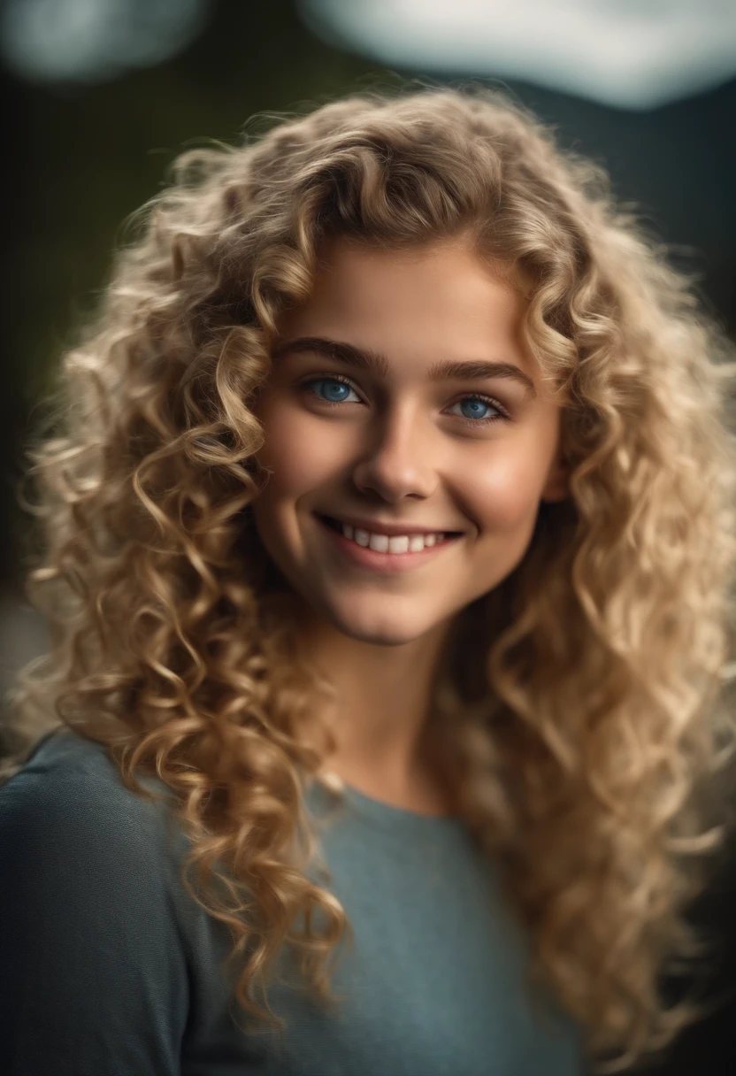 18 year old girl curly hair Blond hair Blue eyes Blue smile matching with confidence Correct limbs