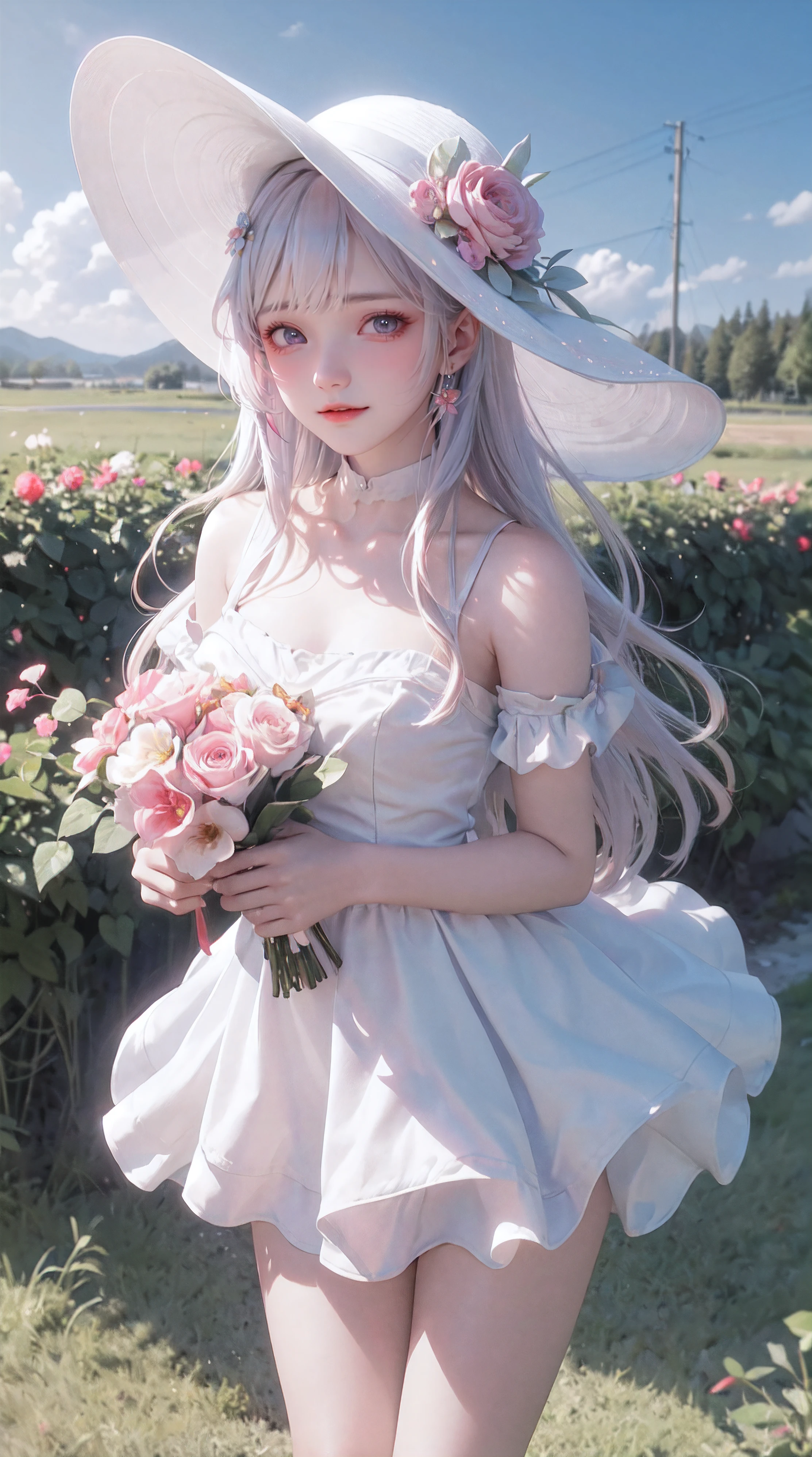 ((masterpiece, best quality)), 1girl, flower, solo, dress, holding, sky, cloud, hat, outdoors, bangs, bouquet, rose, expressionless, blush, pink hair, flower field, red flower, pink eyes, white dress, looking at viewer, midium hair, holding flower, small breasts, red rose, holding bouquet, sun hat, white headwear, depth of field
