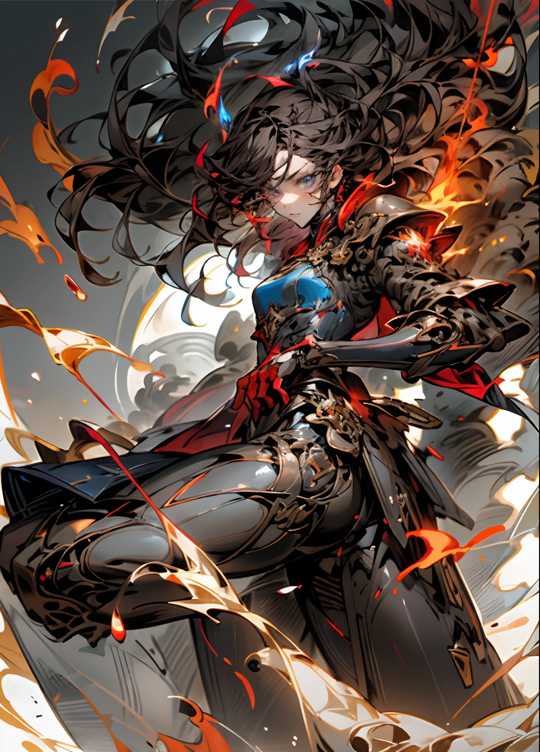 tmasterpiece,best qualtiy,ultra - detailed,Kizi,Blue eyes with red flames(1.3),Hu,Handheld flame(1.3)Dark red katana,(Translucent body,Reflex the skin),The mech has a smooth surface, (highdetailskin:1.2),Proper body proportion、perfect anatomia,complex mechanical bodysuit、mecha corset、tightsuit,(The mech is slightly transparent)20yr old,The mech is ready,There are many blue flames around the figure(1.3)