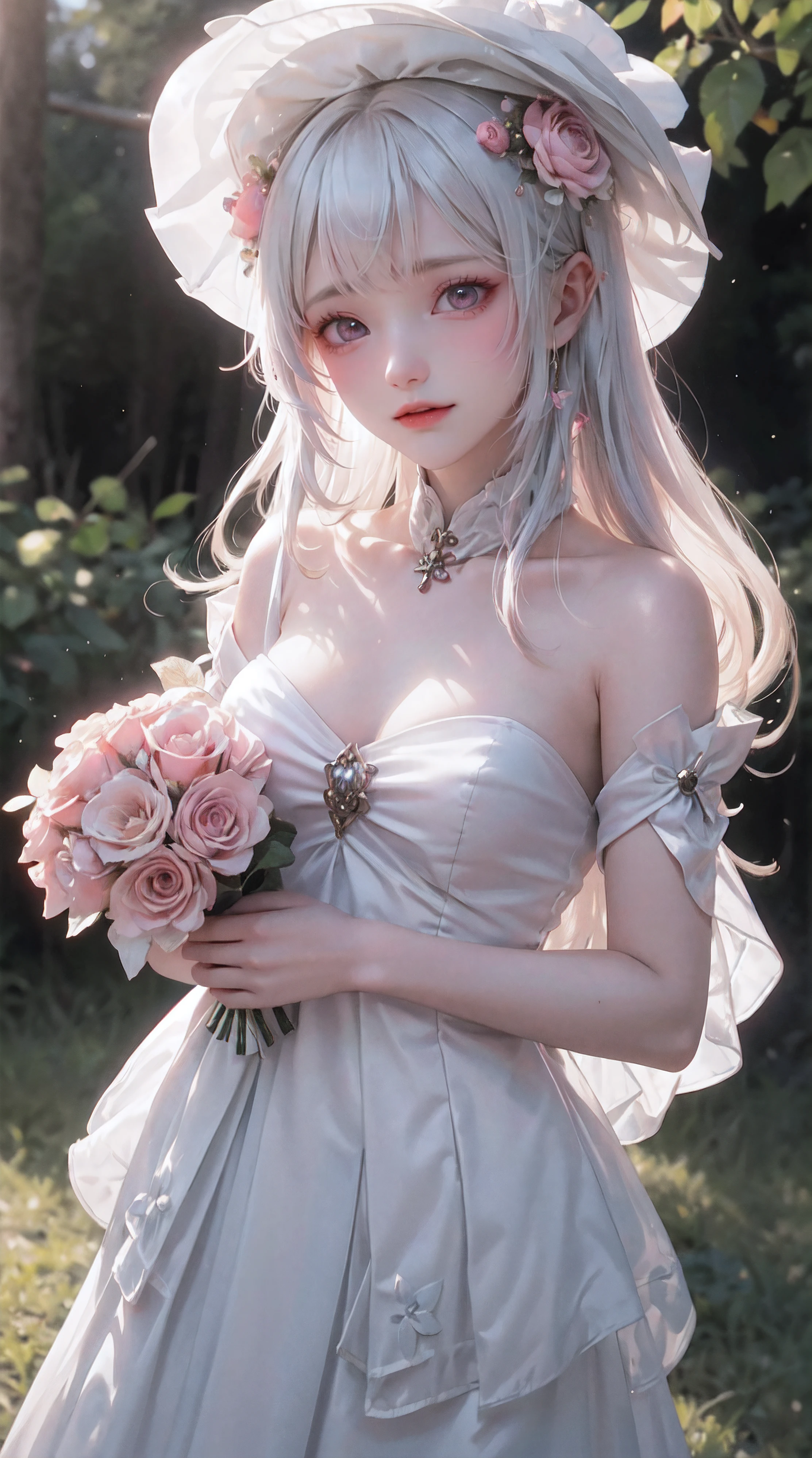((masterpiece, best quality)), 1girl, flower, solo, dress, holding, sky, cloud, hat, outdoors, bangs, bouquet, rose, expressionless, blush, pink hair, flower field, red flower, pink eyes, white dress, looking at viewer, midium hair, holding flower, small breasts, red rose, holding bouquet, sun hat, white headwear, depth of field