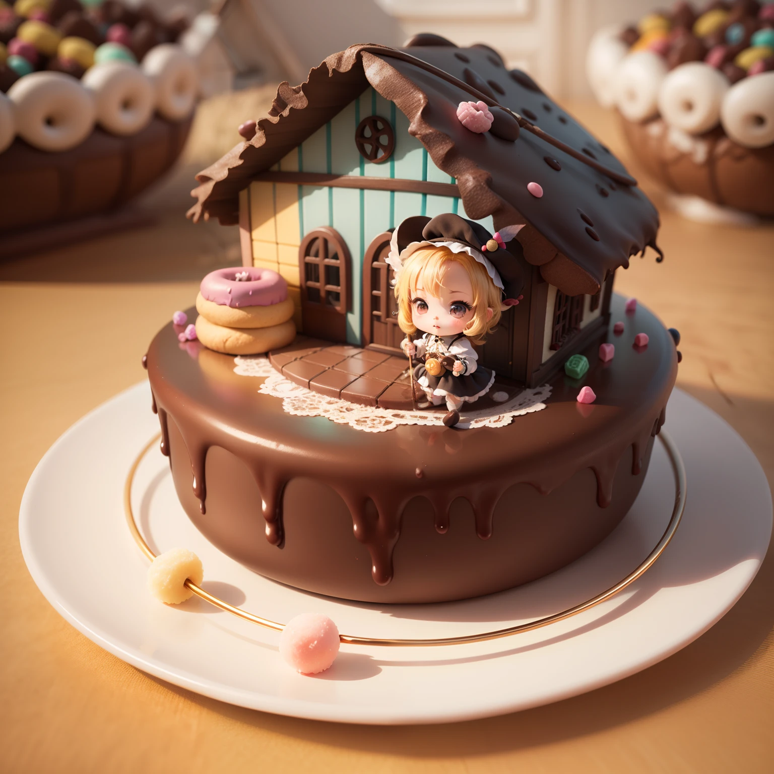 Cute Baby Chibi Anime、(((Chibi 3D))) (Best Quality) (masutepiece)、Chibi Witch、Hold a long cane、//(Candy House) (House of candy material) (Hansel and Gretel) Chocolate.donut.Marble Chocolate、The background is in a fairytale forest、