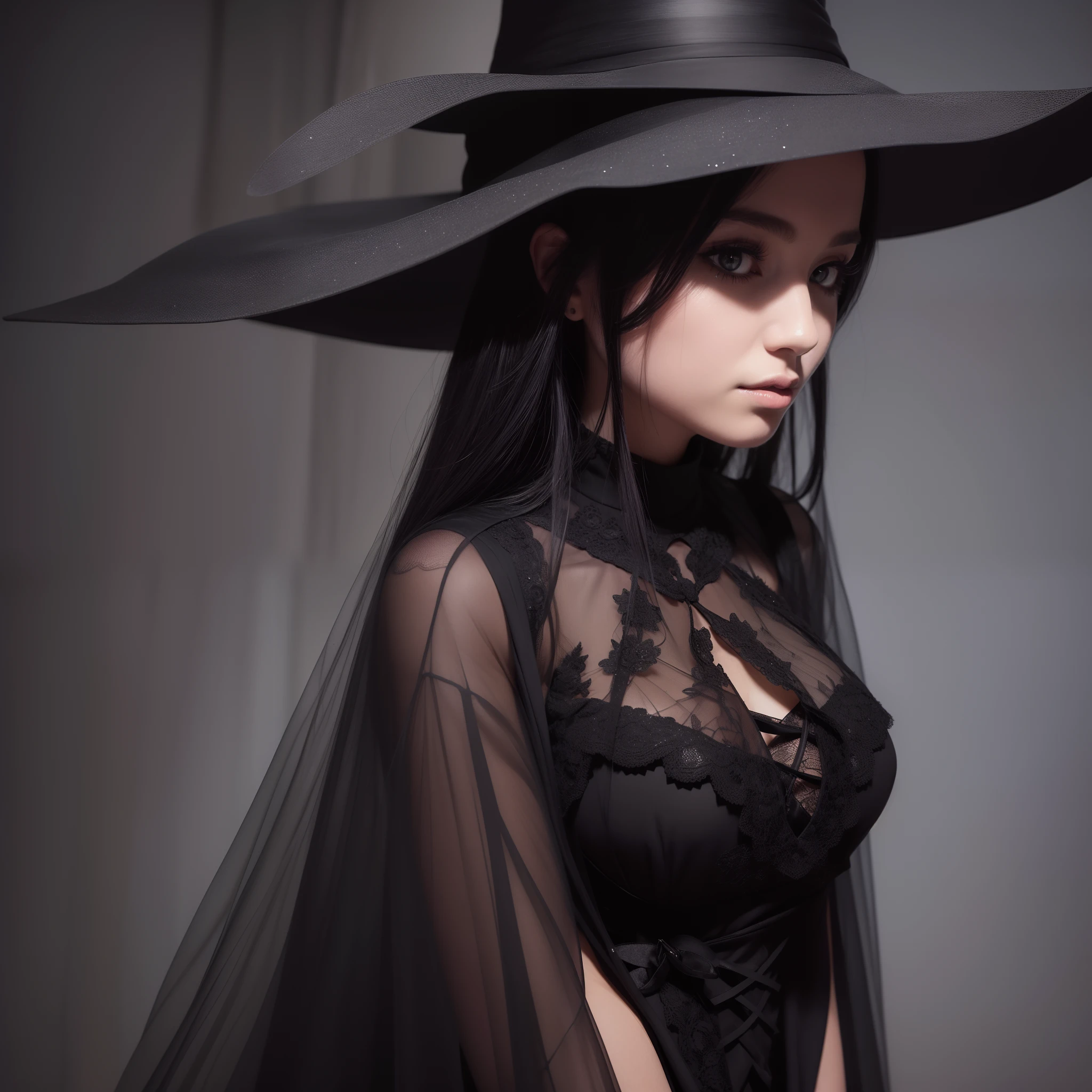 masterpiece, super detail, high quality, award winning, 8k, girl, solo, beautiful witch, black Mysterious costume, black robe, black skirt, black witch hat, portrait style, In the basement of a dark old castle, Spider web spread, dark lighting, depth of field, (dark background:1.4), sparkle, with fantastic light, Spooky night