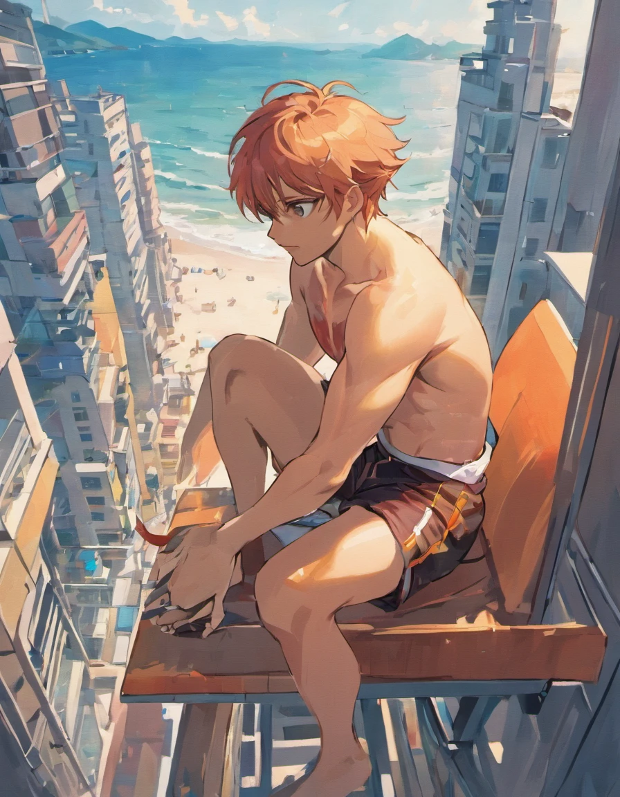 Chinese uncle,Hirsutistic,chest muscle,Abs,beach chair,Huge open-air balcony,swimmingpool,cyberpunk backgrouns