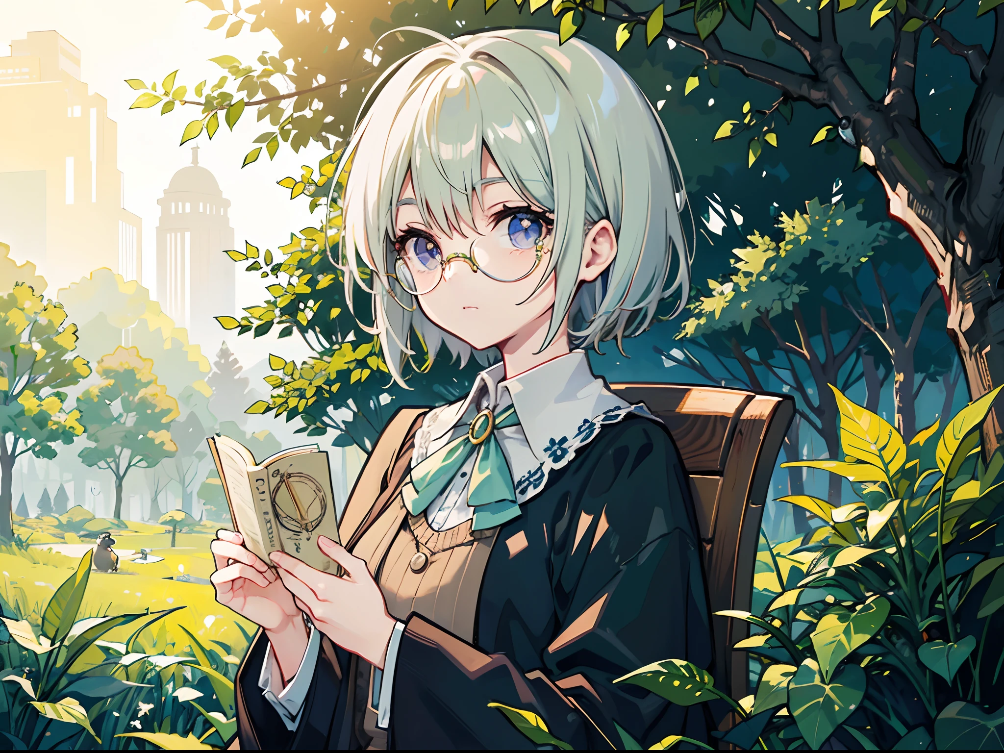 A old woman teaches wears monocle. Listening to her is are the little animals of the forest. Gentle sunshine in the forest square, the spring by the side sparkles.