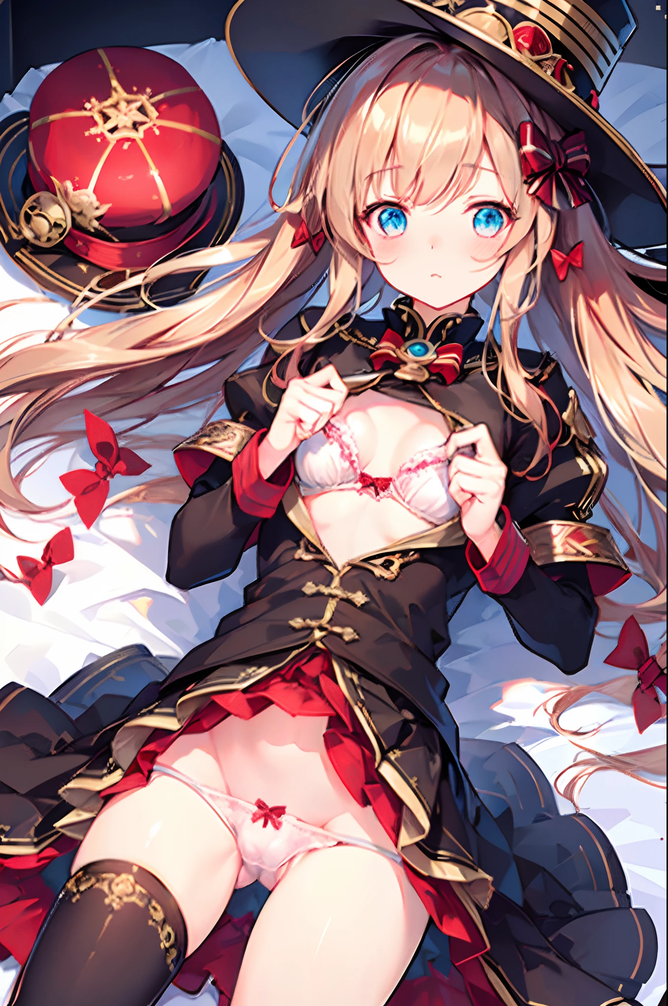 Yukka ende, Yukka uniform, red silk hat, masterpiece, best quality, solo, 1girl, ((blush)), blonde hair, blue eyes, (small red hair bows) , on bed, pillow, sunlight, beautiful face, shining eyes, (undressing), ((middle chest)) ((white bra and panties)), ((lying on back)) , (highly detailed background:1.2), more_details:1.5,((masterpiece)),((highest quality)),((8k)),((ultra-detailed)), (close up crotch), embarrassed, ((blush)), portrait, looking up, (((incoming_kiss))), open shirt by self, spread legs, knee lift, crotch seam, cameltoe, wet panties