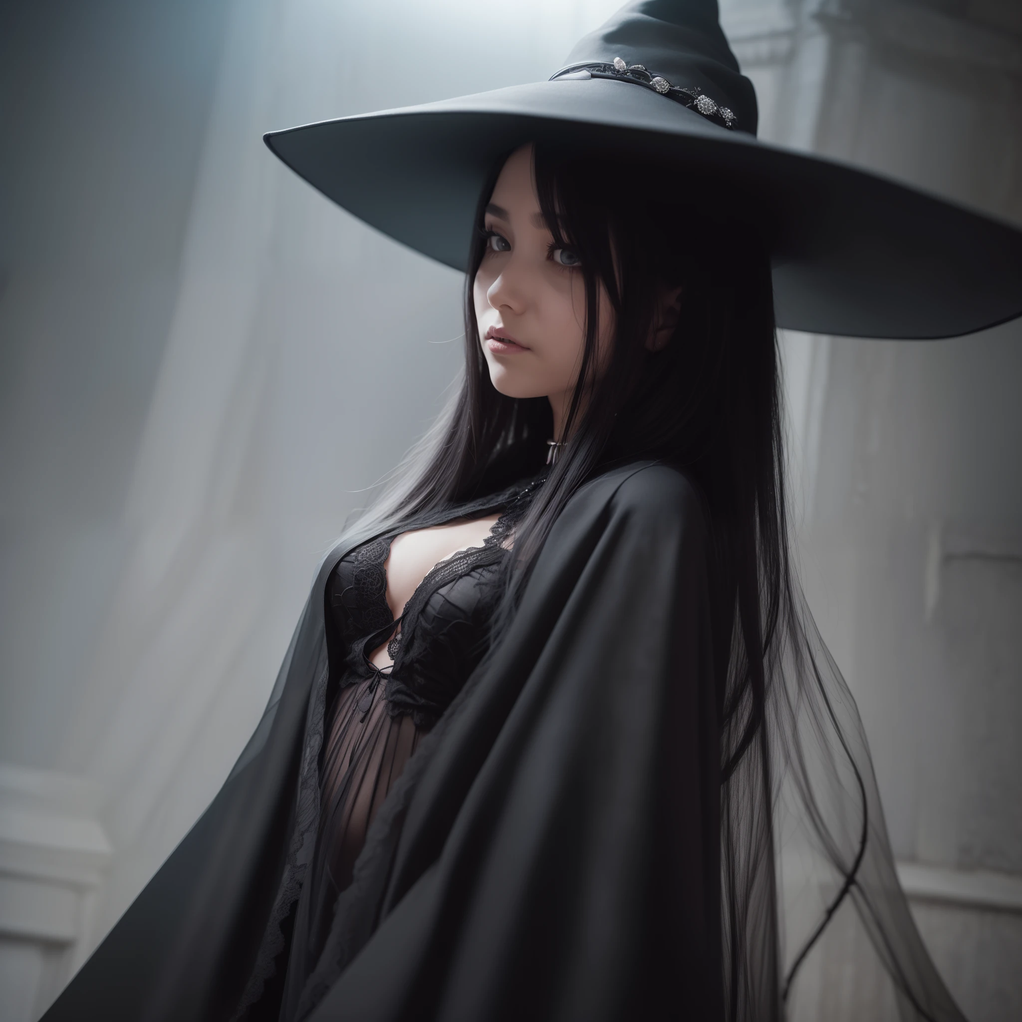 Big、huge tit、Woman in witch costume posing for photo, Witch Girl, classical witch, portrait of a young witch girl, black - haired mage, bright witch, Witch, pretty sorceress, beautiful cowboy witch, Anime girl cosplay, the witch, beautiful wizard,