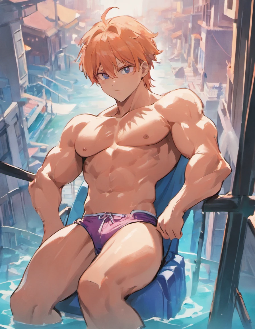 Muscle uncle,Hirsutistic,Oversized muscles,chest muscle,Abs,beach chair,Huge open-air balcony,swimmingpool,cyberpunk backgrouns