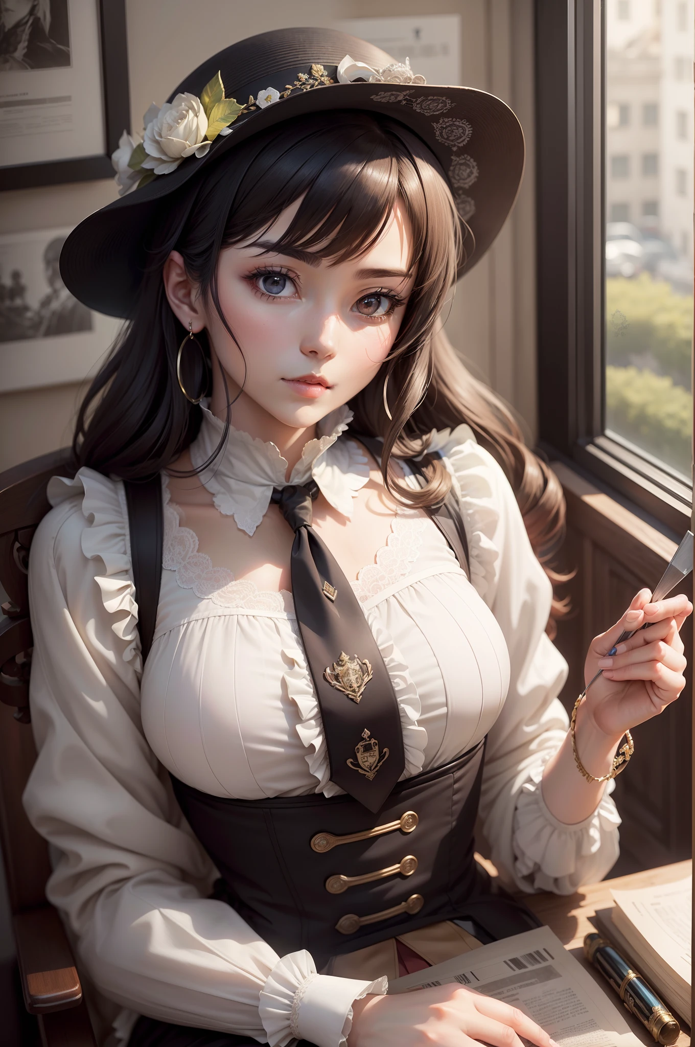 ((Finest quality)),(超A high resolution),(ultra-detailliert),((Best Anime)),sharpnes,clear,The Art of Phenomenal Depictions,(1 adult female),(19th century,newspaperman)