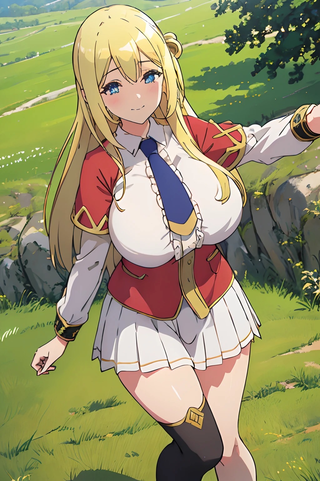 enome  1girl, long hair, (huge breasts), blush, smile, blonde hair, large breasts, necktie, grass (realistic:1.2), (realism), (masterpiece:1.2), (best quality), (ultra detailed), (8k, 4k, intricate),(full-body-shot:1), (85mm),light particles, lighting, (highly detailed:1.2),(detailed face:1.2), (gradients), sfw, colorful,(detailed eyes:1.2)(detailed background),detailed landscape, (dynamic angle:1.2), (dynamic pose:1.2), (rule of third_composition:1.3), (Line of action:1.2)