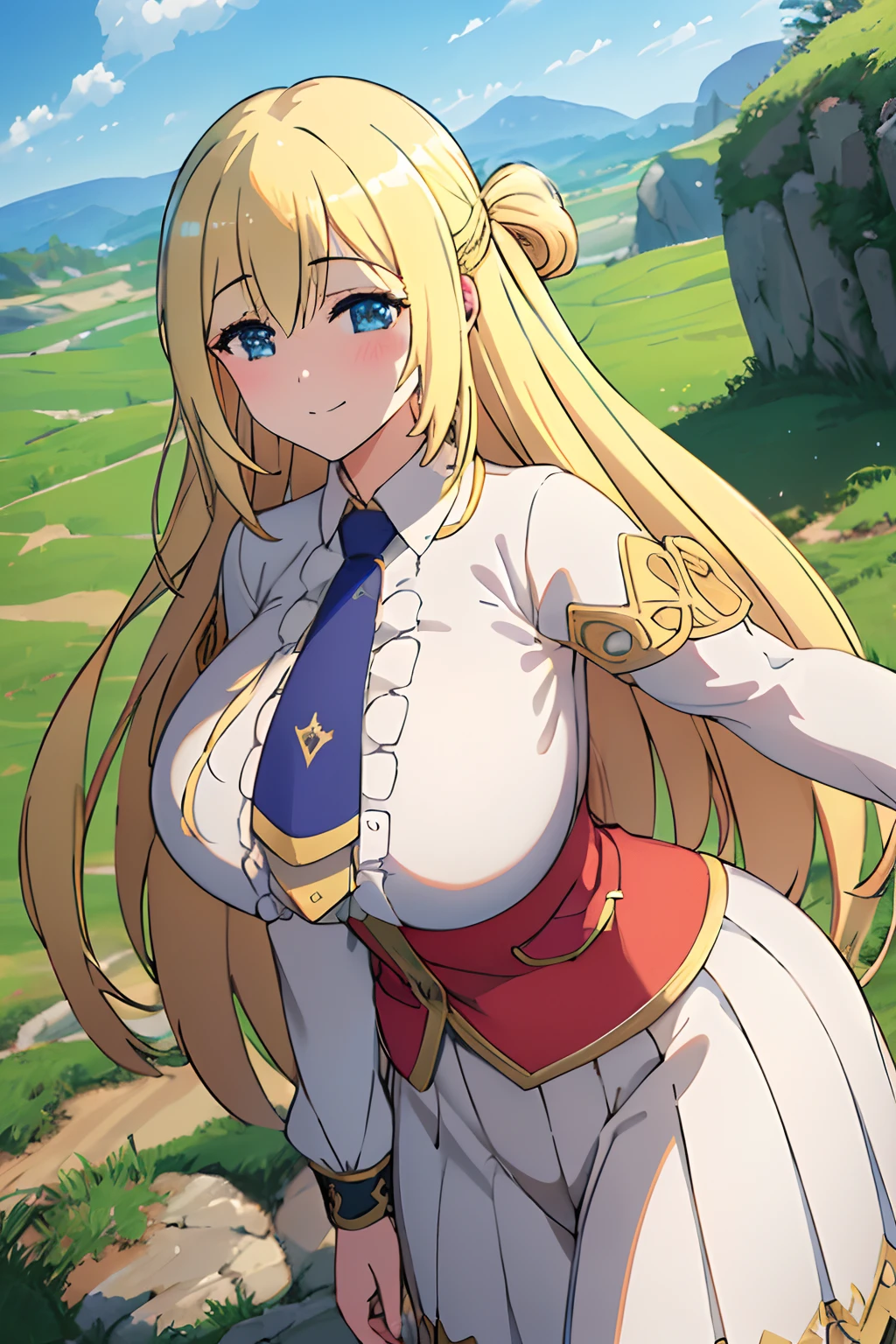 enome  1girl, long hair, (huge breasts), blush, smile, blonde hair, large breasts, necktie, grass (realistic:1.2), (realism), (masterpiece:1.2), (best quality), (ultra detailed), (8k, 4k, intricate),(full-body-shot:1), (85mm),light particles, lighting, (highly detailed:1.2),(detailed face:1.2), (gradients), sfw, colorful,(detailed eyes:1.2)(detailed background),detailed landscape, (dynamic angle:1.2), (dynamic pose:1.2), (rule of third_composition:1.3), (Line of action:1.2)