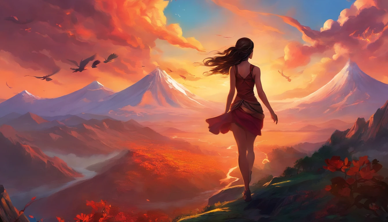 (breasts:1.1)Running girl in the mountains, (volcano erupting:1.1) featuring a mesmerizing scene with vibrant colors, (best quality, highres:1.2) capturing every intricate detail. The (running girl:1.1) is exuding confidence and grace as she maneuvers through the rugged terrain. Her (big breasts:1.1) are highlighted by the dynamic motion, (physically-based rendering:1.1) creating a realistic and visually stunning effect.

The girl's long, flowing hair (flowing hair:1.1) dances in the wind, accentuating her vigorous movement. The mountain peaks (majestic mountain peaks) towering in the background (scenic background) create a dramatic atmosphere, as if nature itself is supporting her journey.

The erupting volcano (volcano:1.1) adds a sense of urgency and excitement to the scenery. The billowing smoke (smoke rising:1.1) and cascading lava (lava flow) create a fiery spectacle, contrasting against the serene mountain landscape. The intense heat and energy emanating from the volcano enhance the overall dynamism of the scene.

The lighting (dramatic lighting:1.1) captures the girl's silhouette, casting long shadows (long shadows) on the terrain. The warm hues (warm color palette) of the sunset (sunset vibes) bathe the entire scene, intensifying the fiery tones of the volcano and creating a harmonious balance between light and dark.

In the distance, a flock of birds (birds flying:1.1) soars through the sky, symbolizing freedom and adventure. The rich foliage (lush greenery) of the mountainside showcases nature's abundance, adding depth and texture to the composition.

This artwork combines elements of realism and fantasy, with the girl's features and expression (expressive face) capturing the viewer's attention. Her intense gaze (intense eyes) hints at determination and resilience, inviting the audience to embark on their own personal journey.

With (vivid colors, sharp focus:1.1), meticulous attention to detail (meticulous details), and the perfect blend of natural and s